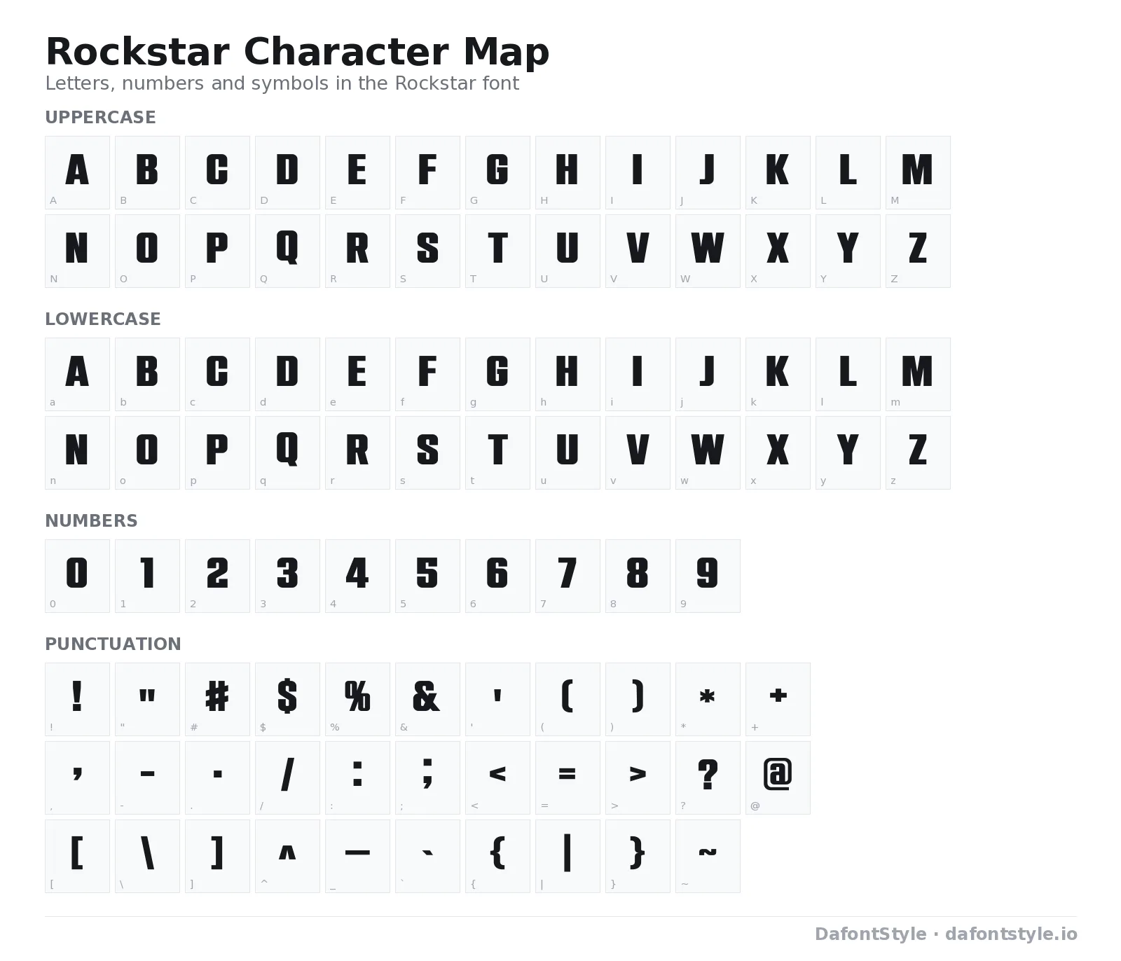 Rockstar font character map with uppercase and lowercase letters, numbers and symbols