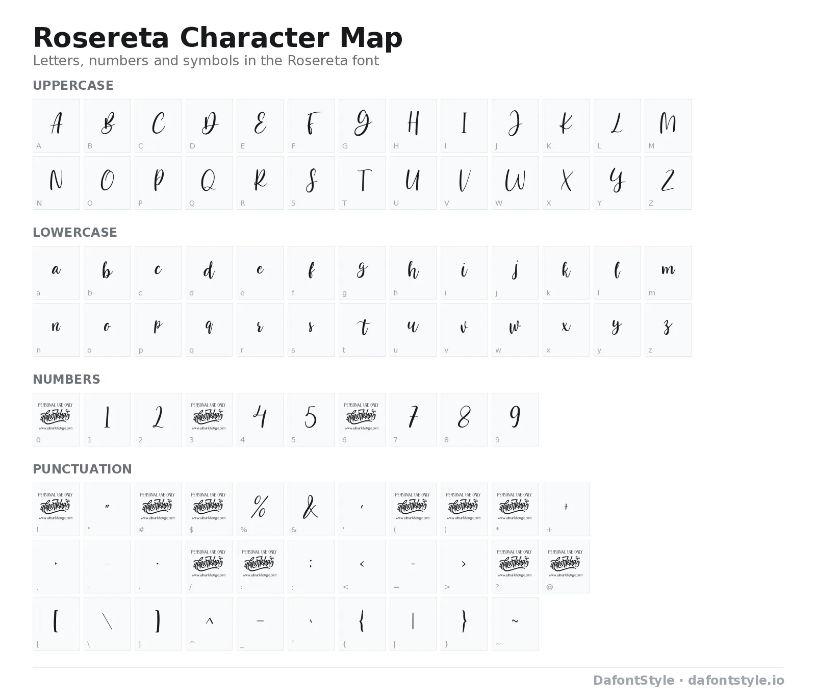 Rosereta font character map with uppercase and lowercase letters, numbers and symbols