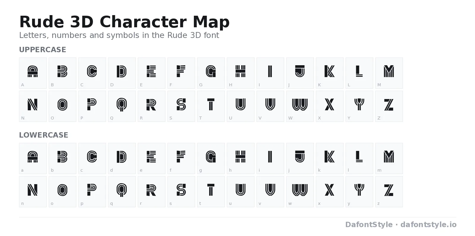Rude 3D font character map with uppercase and lowercase letters, numbers and symbols