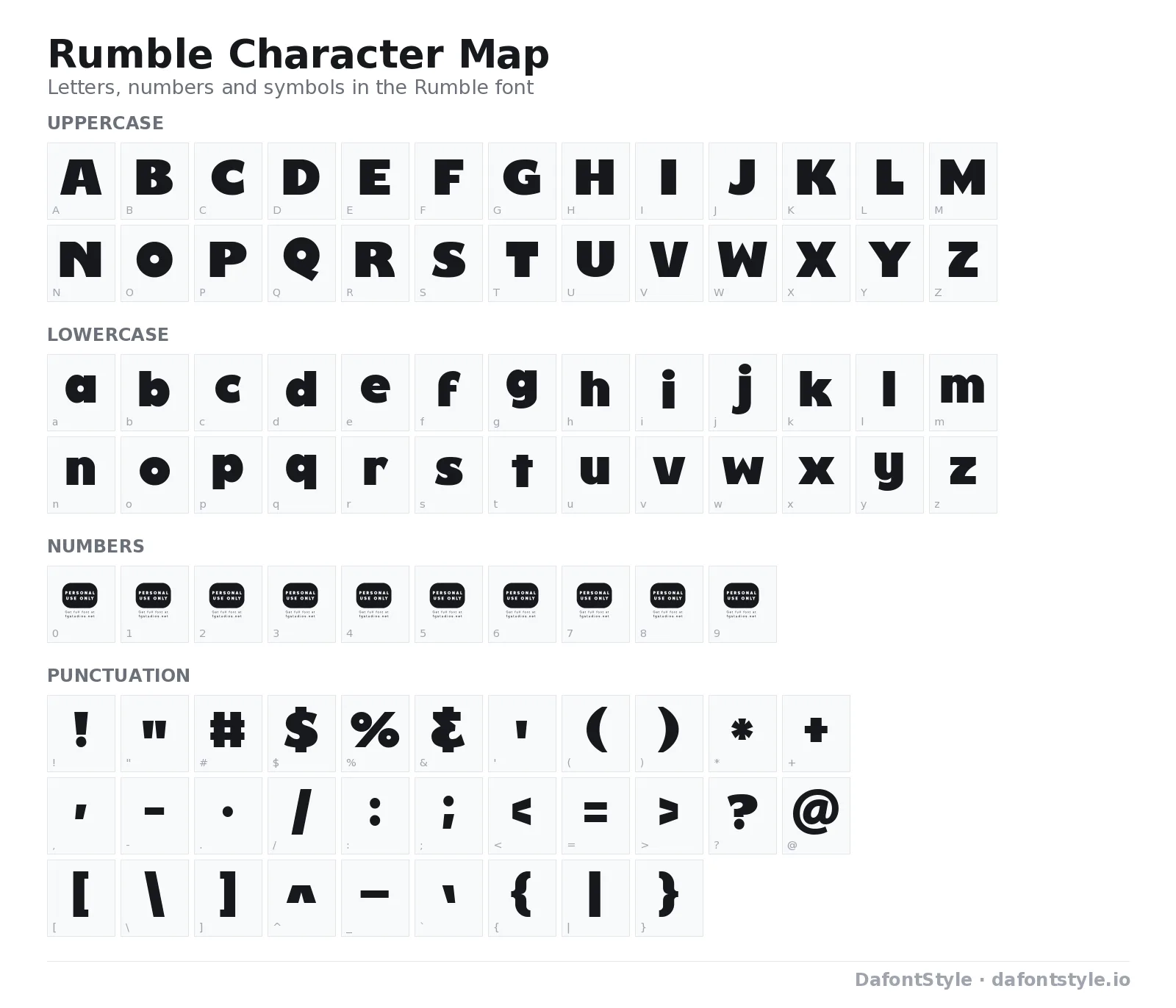 Rumble font character map with uppercase and lowercase letters, numbers and symbols