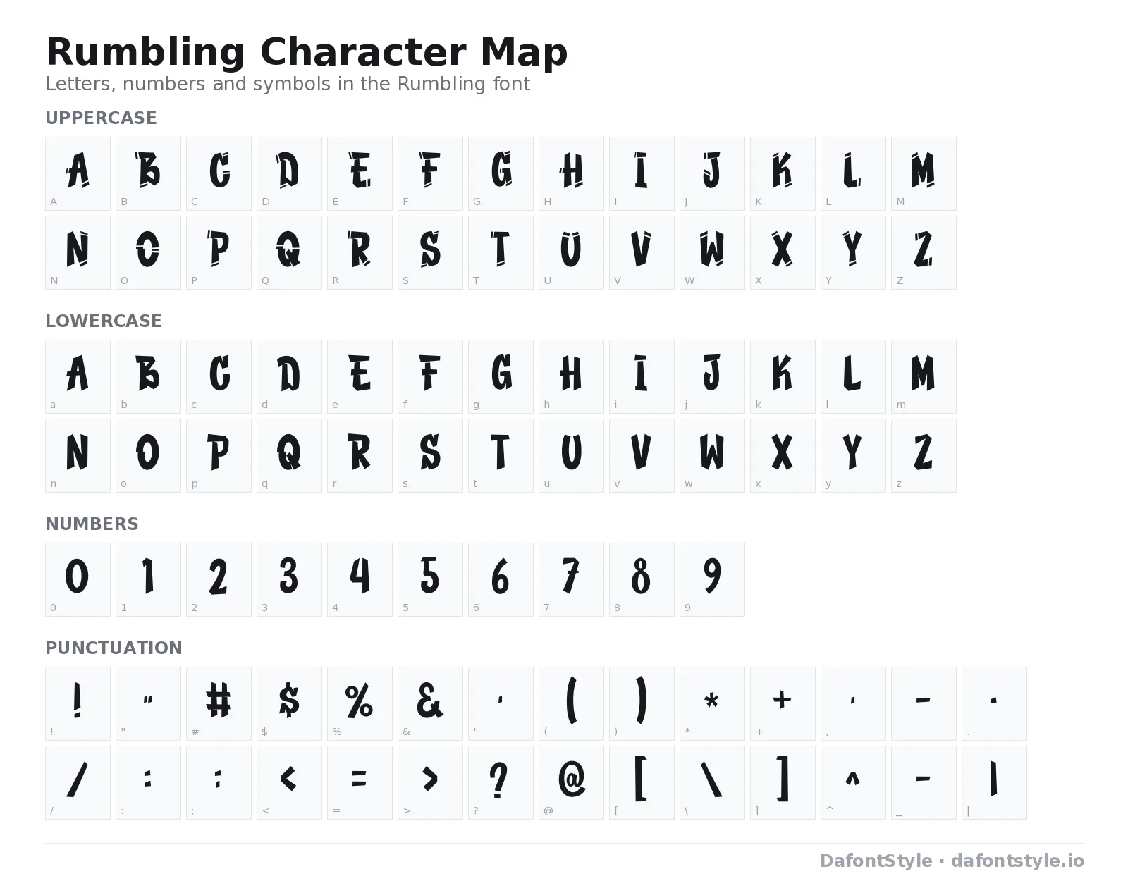 Rumbling font character map with uppercase and lowercase letters, numbers and symbols