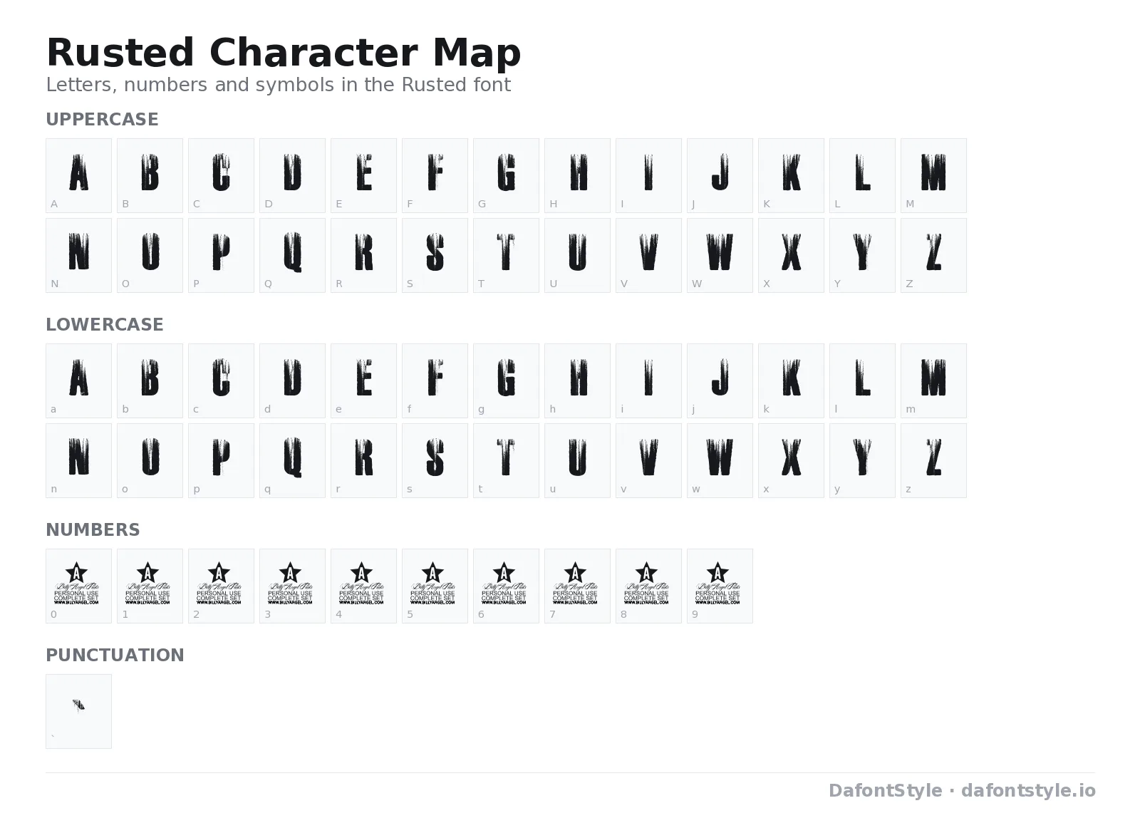 Rusted font character map with uppercase and lowercase letters, numbers and symbols