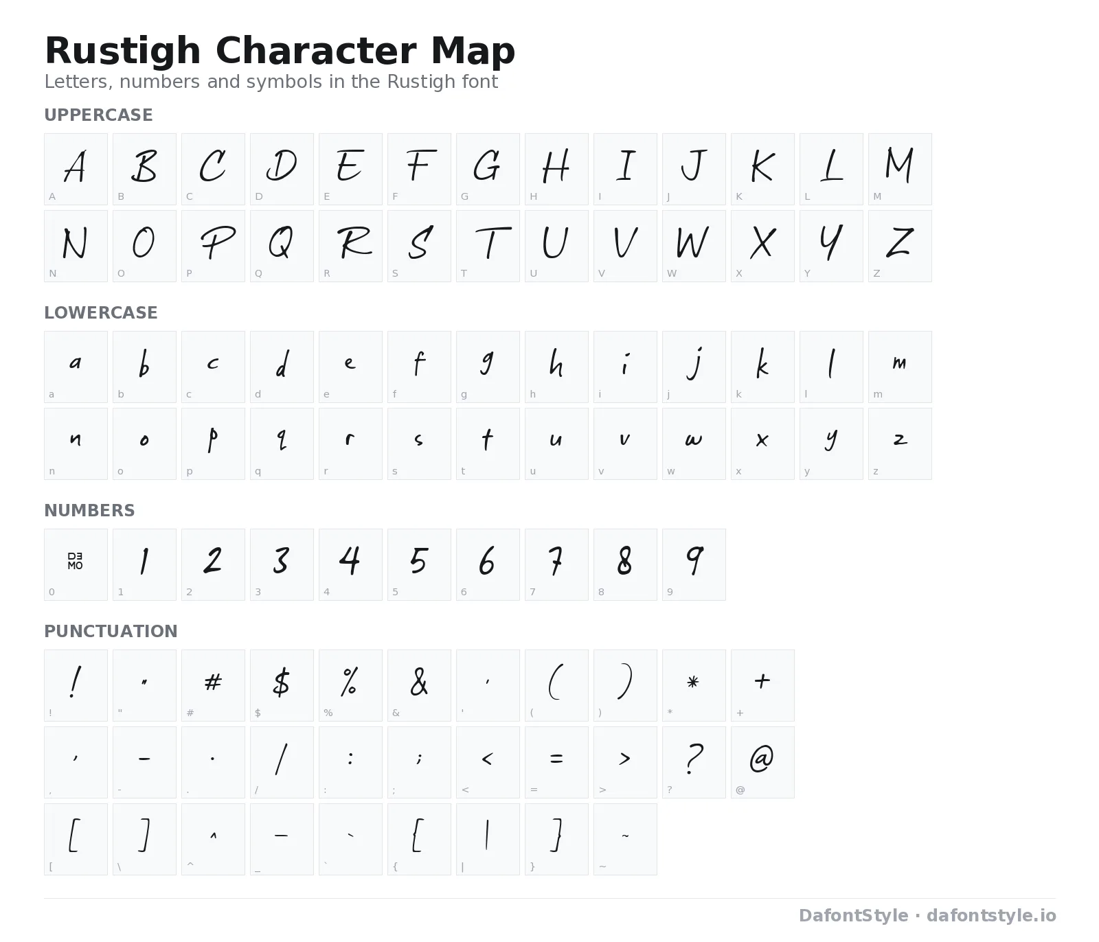 Rustigh font character map with uppercase and lowercase letters, numbers and symbols