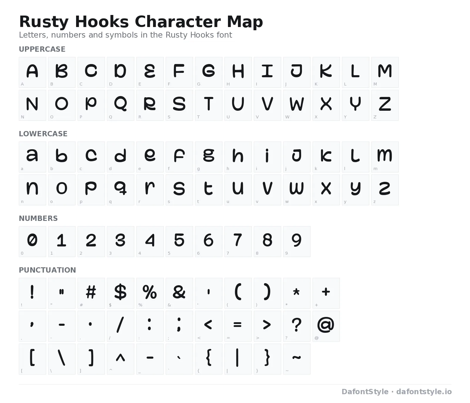 Rusty Hooks font character map with uppercase and lowercase letters, numbers and symbols