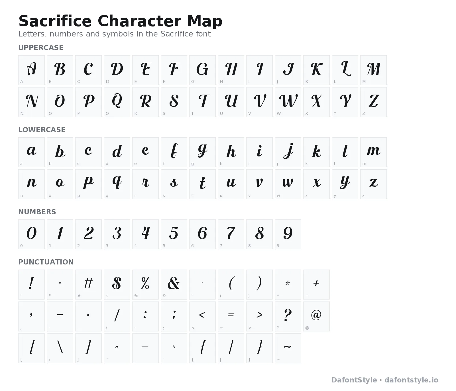 Sacrifice font character map with uppercase and lowercase letters, numbers and symbols