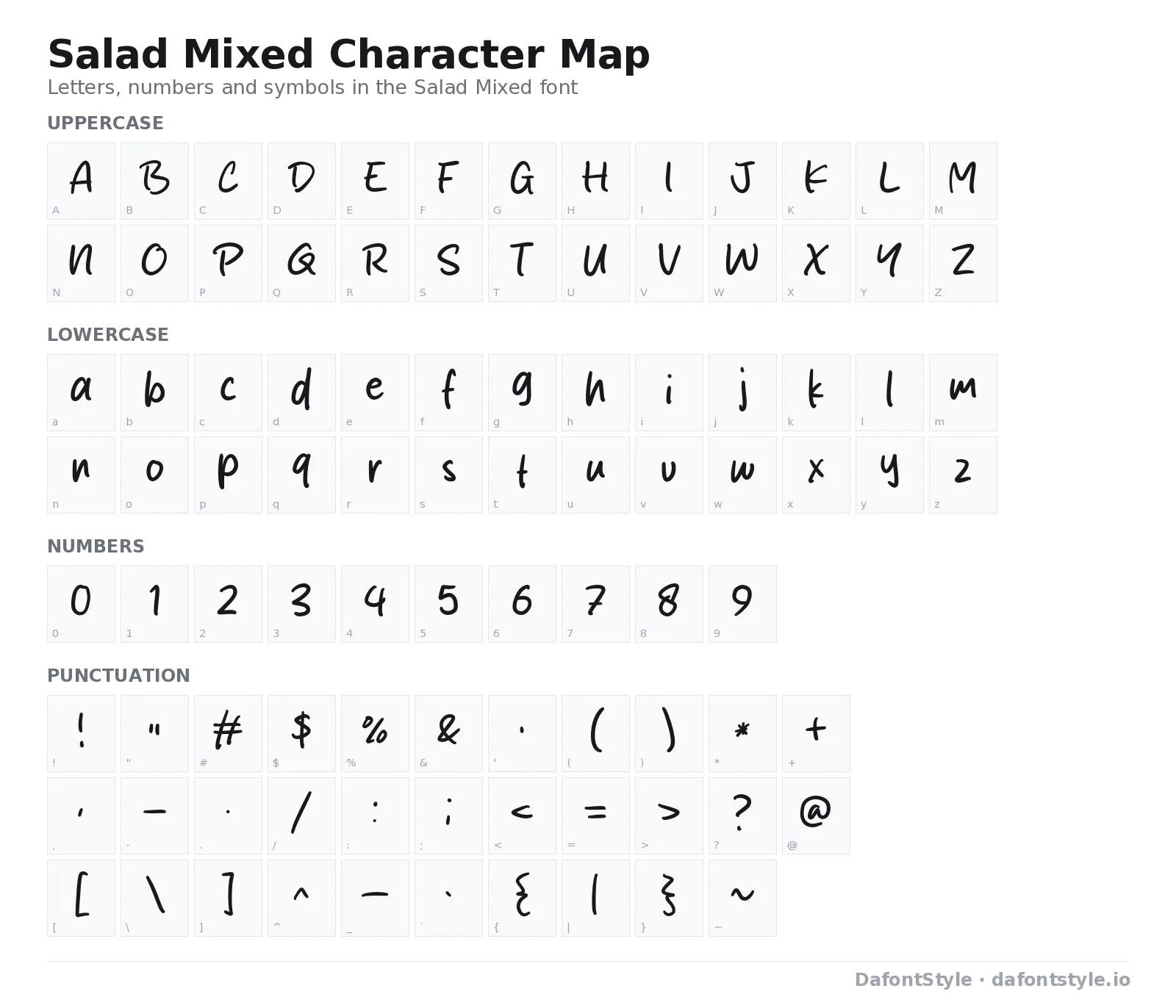 Salad Mixed font character map with uppercase and lowercase letters, numbers and symbols