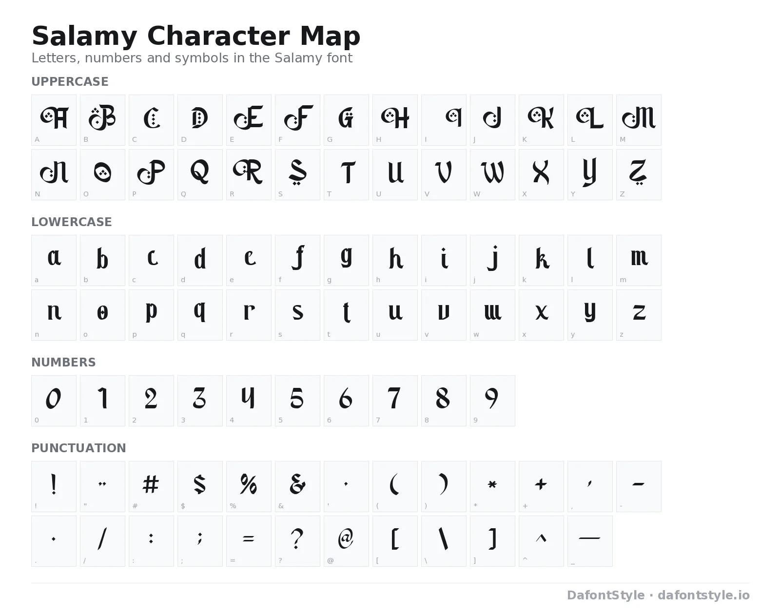 Salamy font character map with uppercase and lowercase letters, numbers and symbols