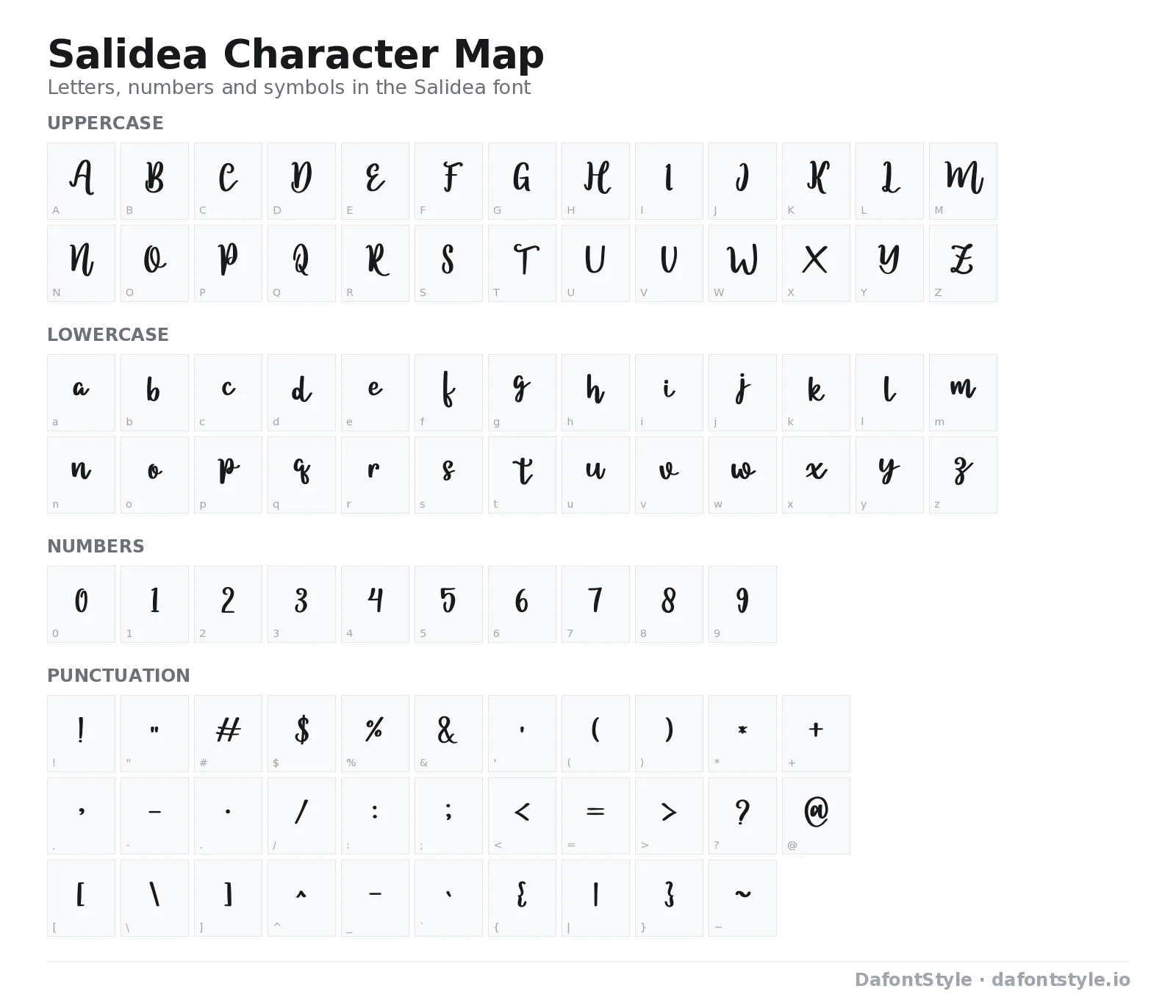 Salidea font character map with uppercase and lowercase letters, numbers and symbols