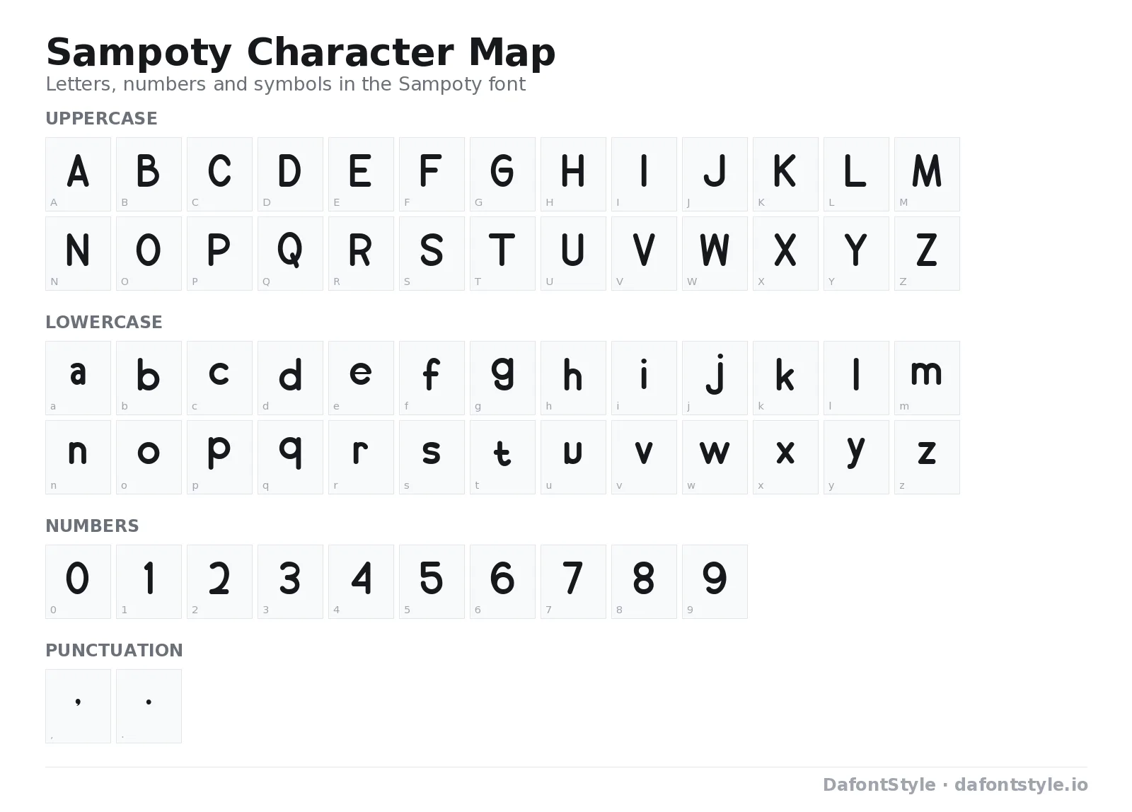 Sampoty font character map with uppercase and lowercase letters, numbers and symbols