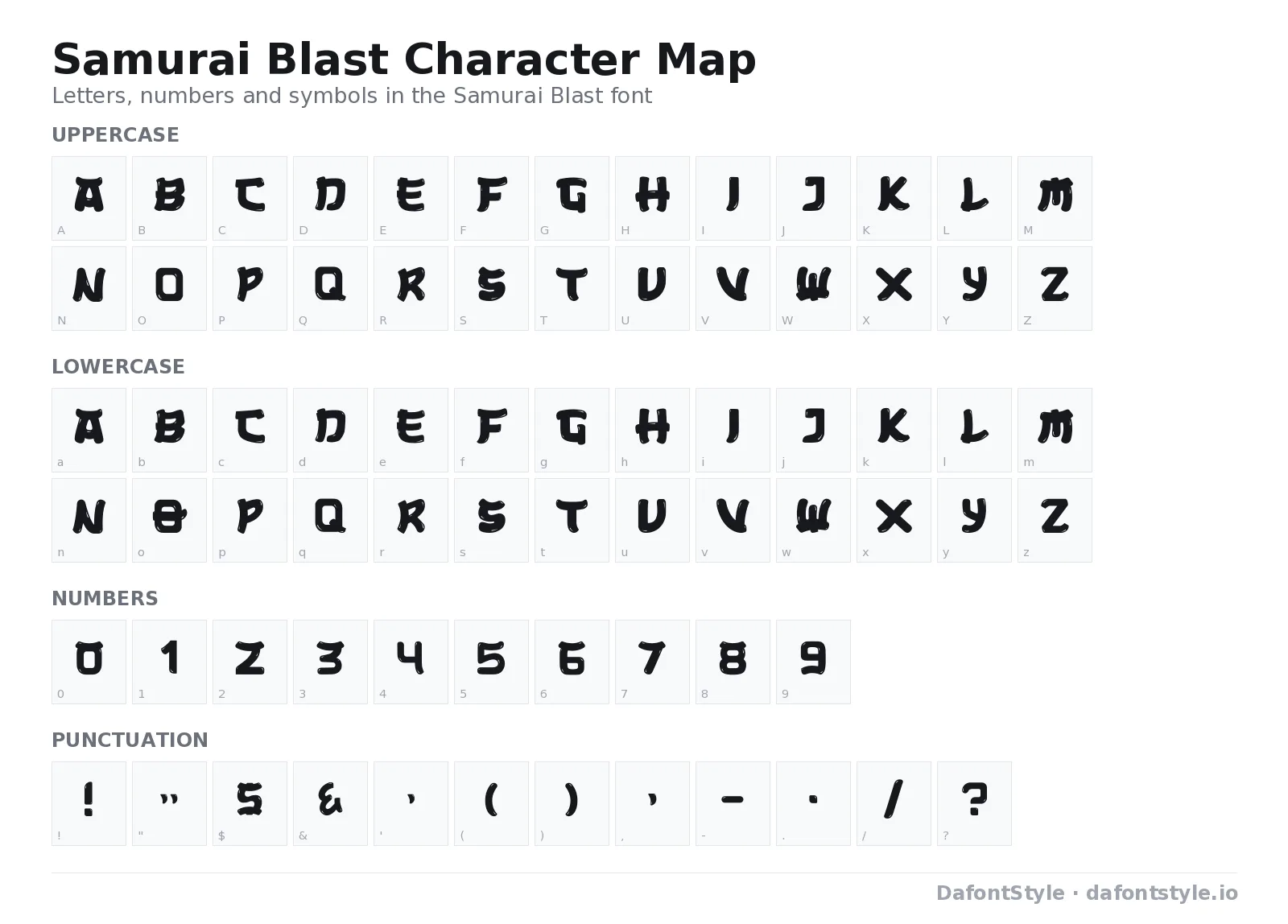 Samurai Blast font character map with uppercase and lowercase letters, numbers and symbols