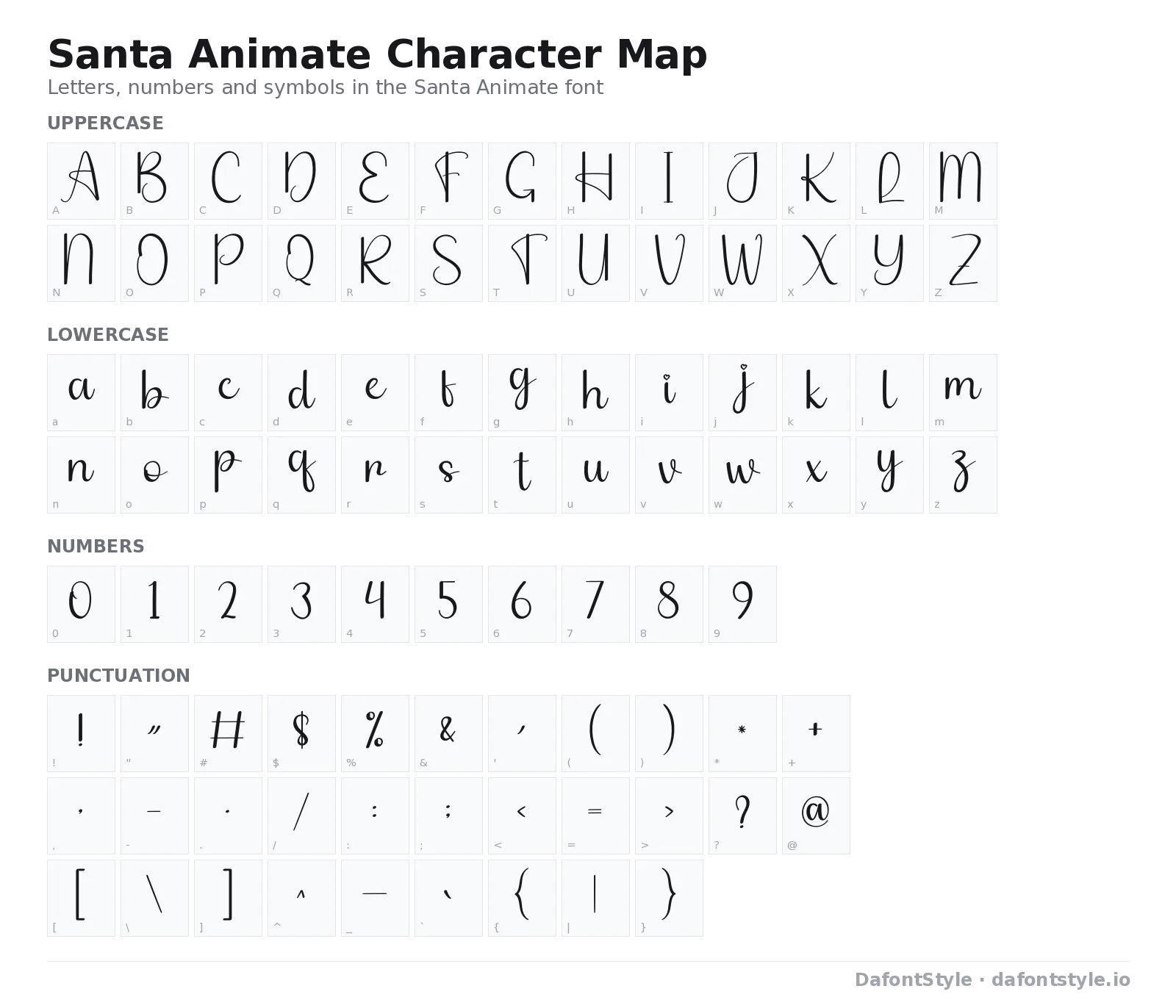 Santa Animate font character map with uppercase and lowercase letters, numbers and symbols
