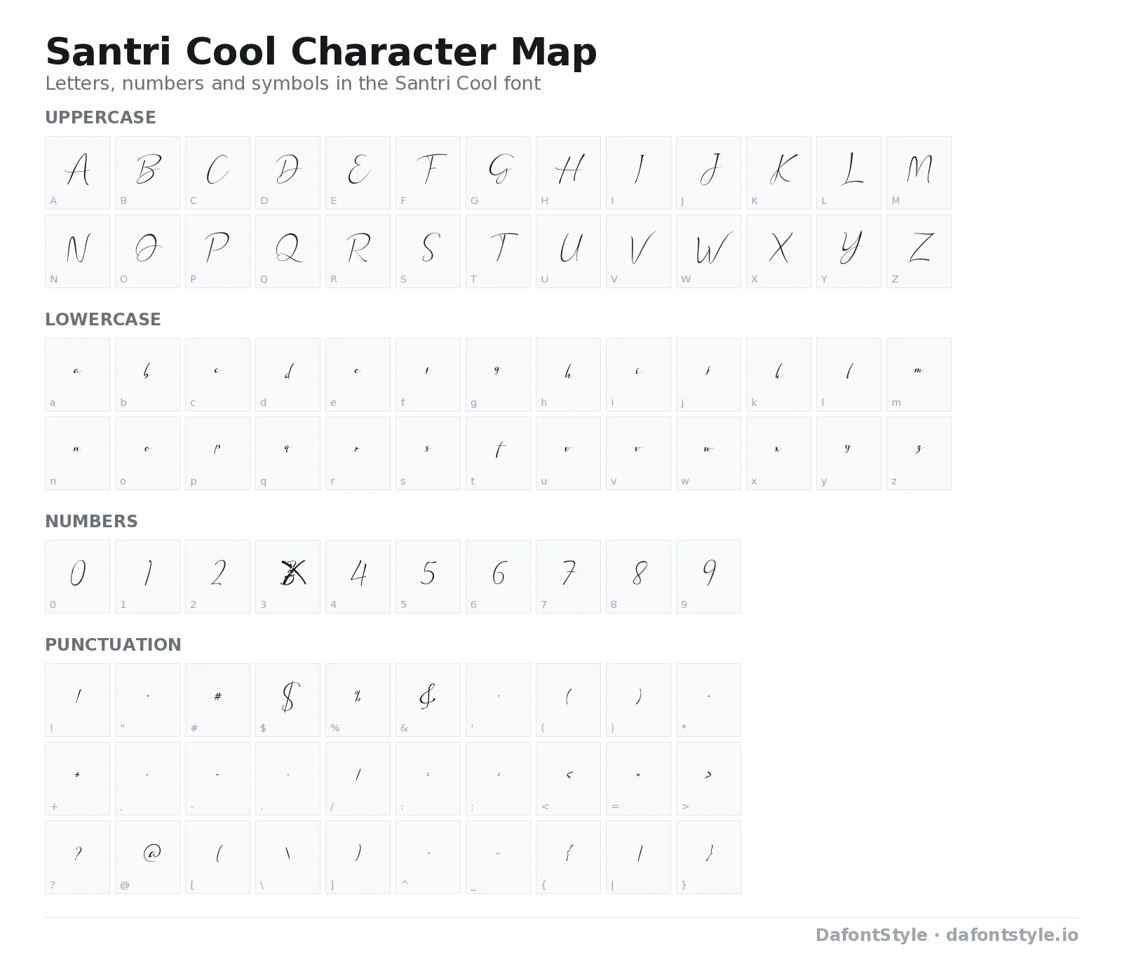 Santri Cool font character map with uppercase and lowercase letters, numbers and symbols