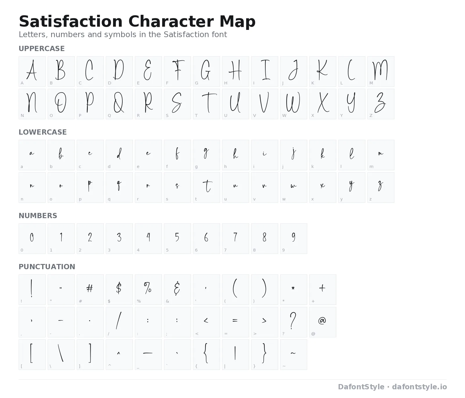 Satisfaction font character map with uppercase and lowercase letters, numbers and symbols