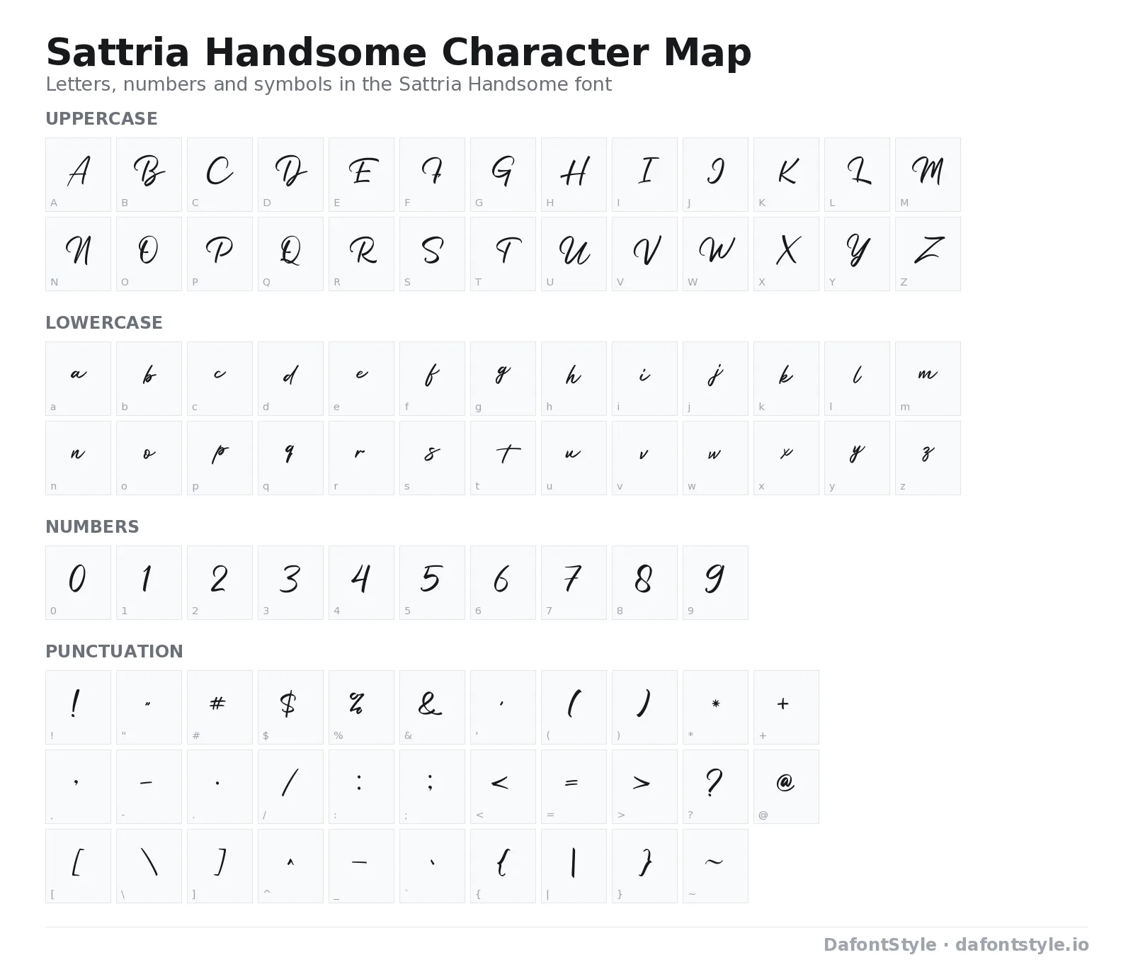 Sattria Handsome font character map with uppercase and lowercase letters, numbers and symbols