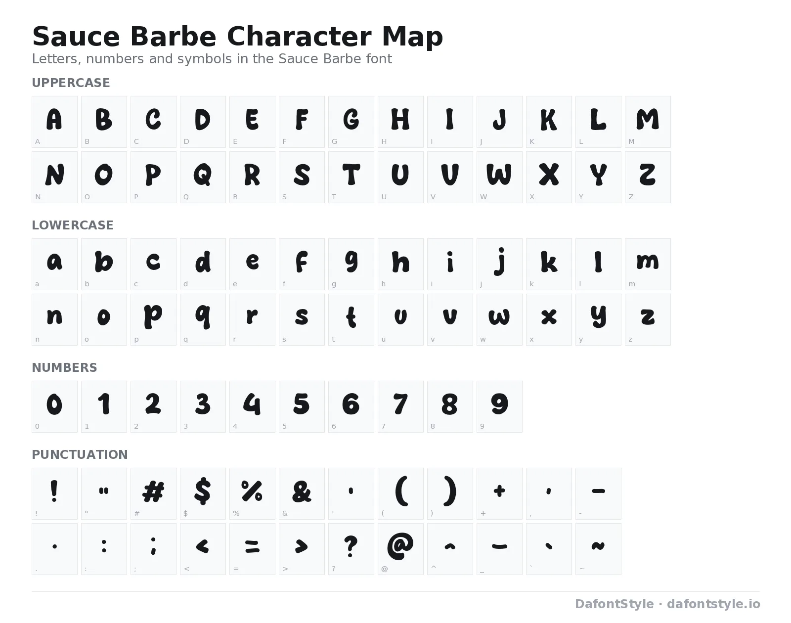 Sauce Barbe font character map with uppercase and lowercase letters, numbers and symbols