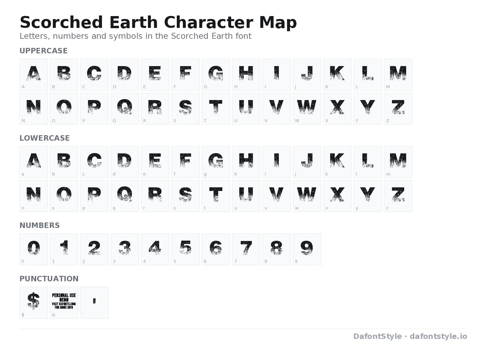 Scorched Earth font character map with uppercase and lowercase letters, numbers and symbols
