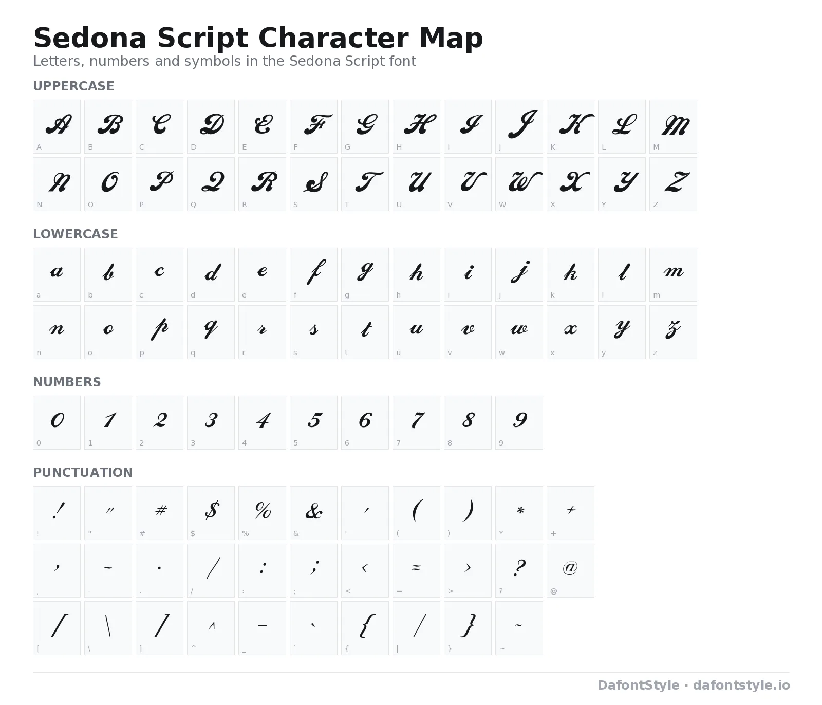 Sedona Script font character map with uppercase and lowercase letters, numbers and symbols