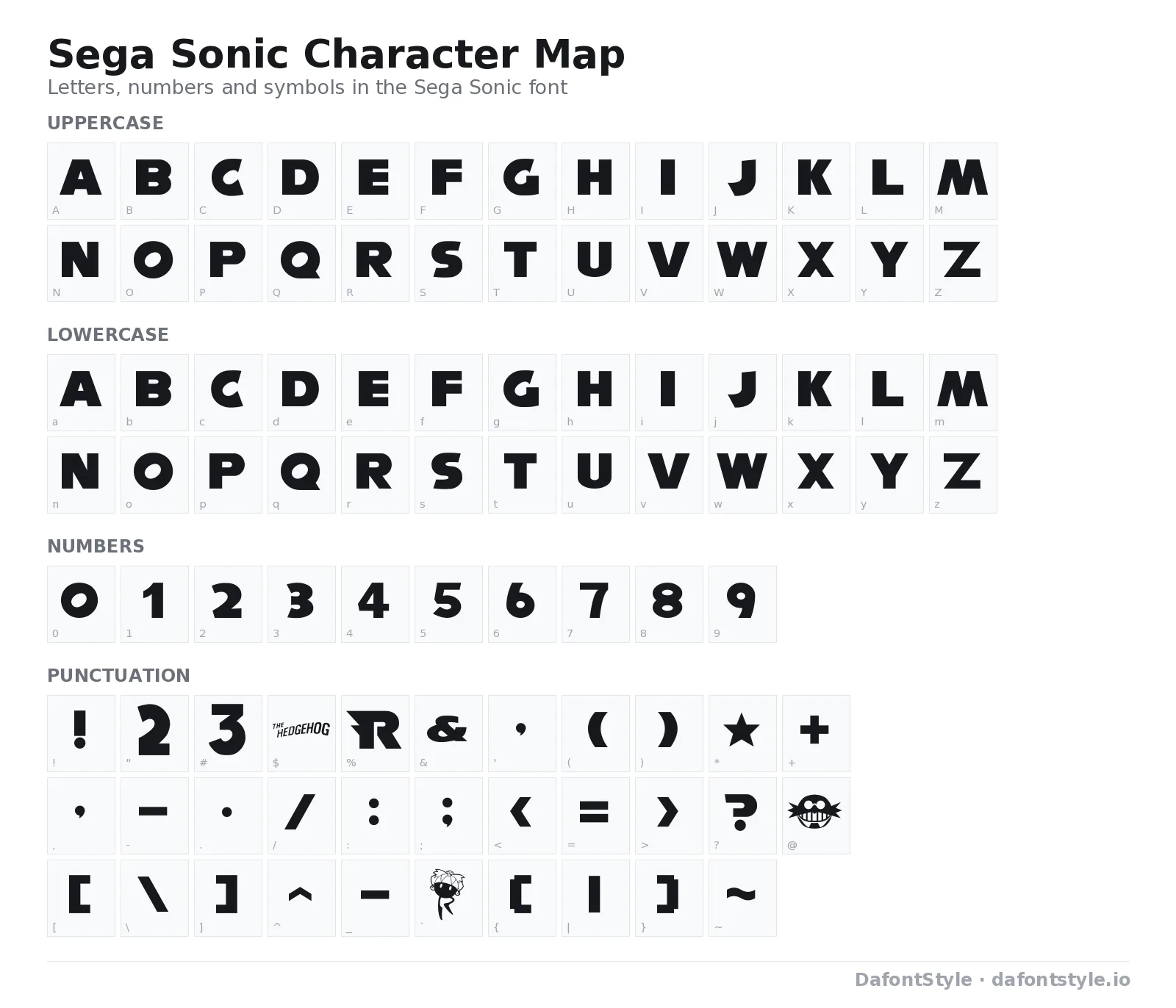 Sega Sonic font character map with uppercase and lowercase letters, numbers and symbols