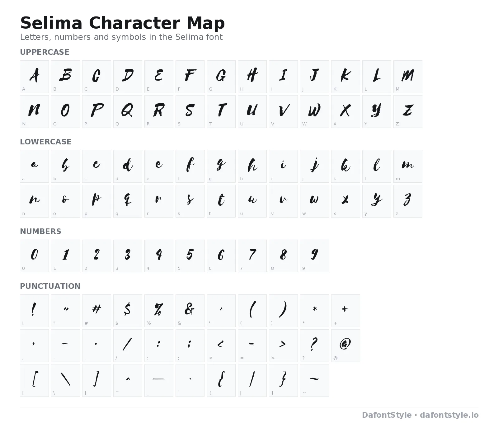 Selima font character map with uppercase and lowercase letters, numbers and symbols