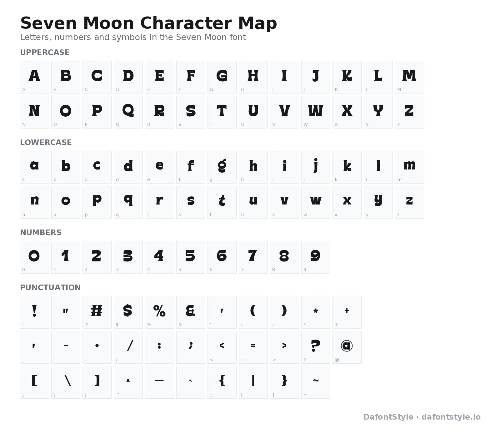 Seven Moon font character map with uppercase and lowercase letters, numbers and symbols