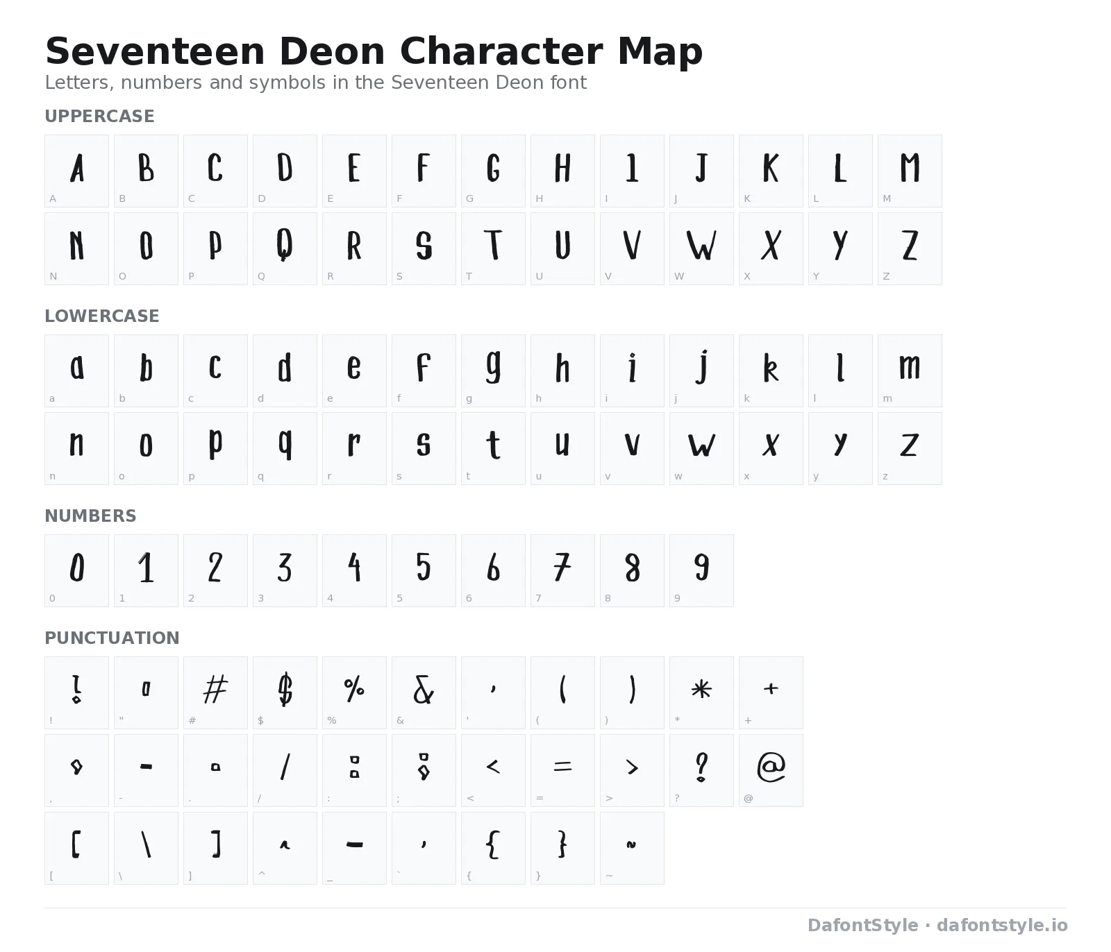 Seventeen Deon font character map with uppercase and lowercase letters, numbers and symbols