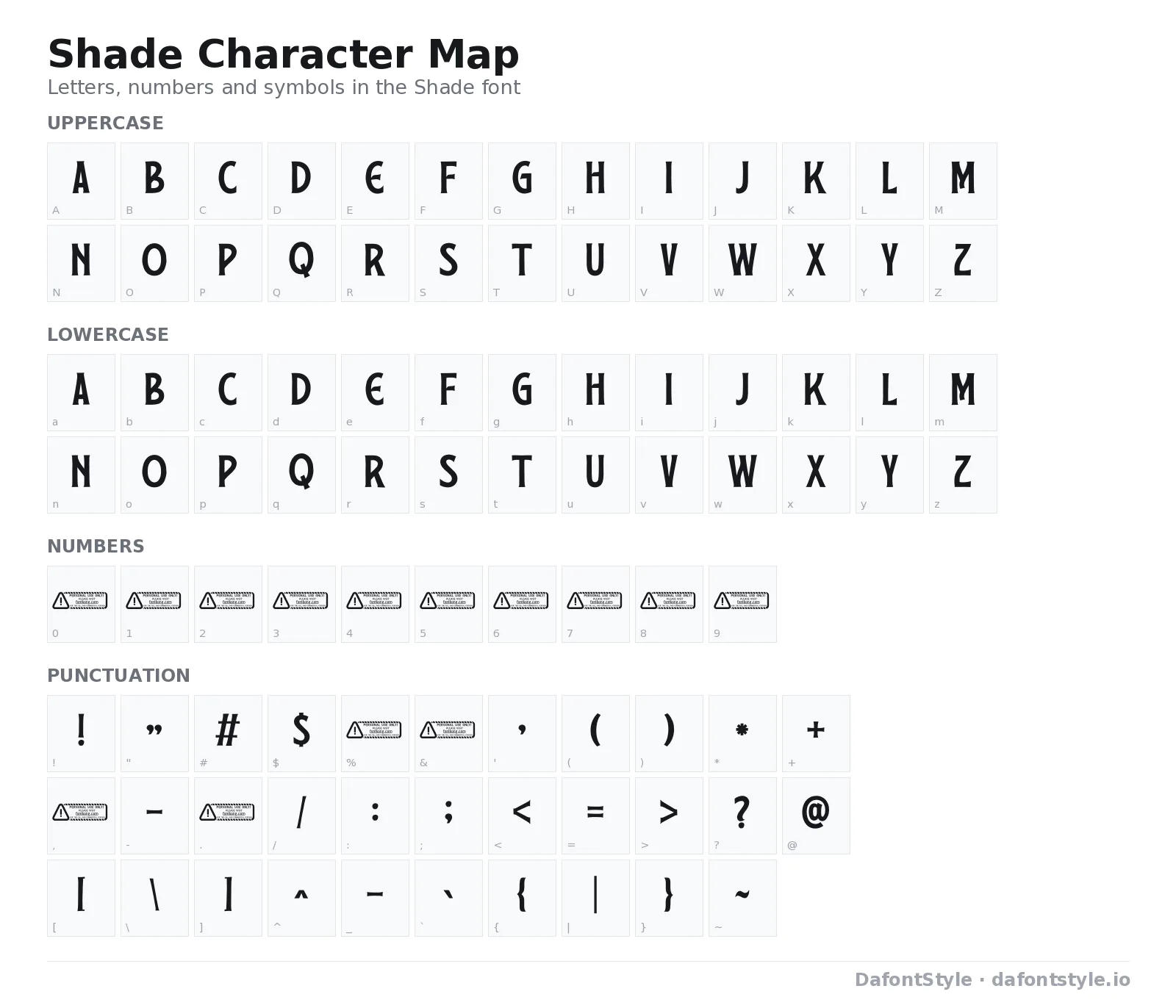 Shade font character map with uppercase and lowercase letters, numbers and symbols