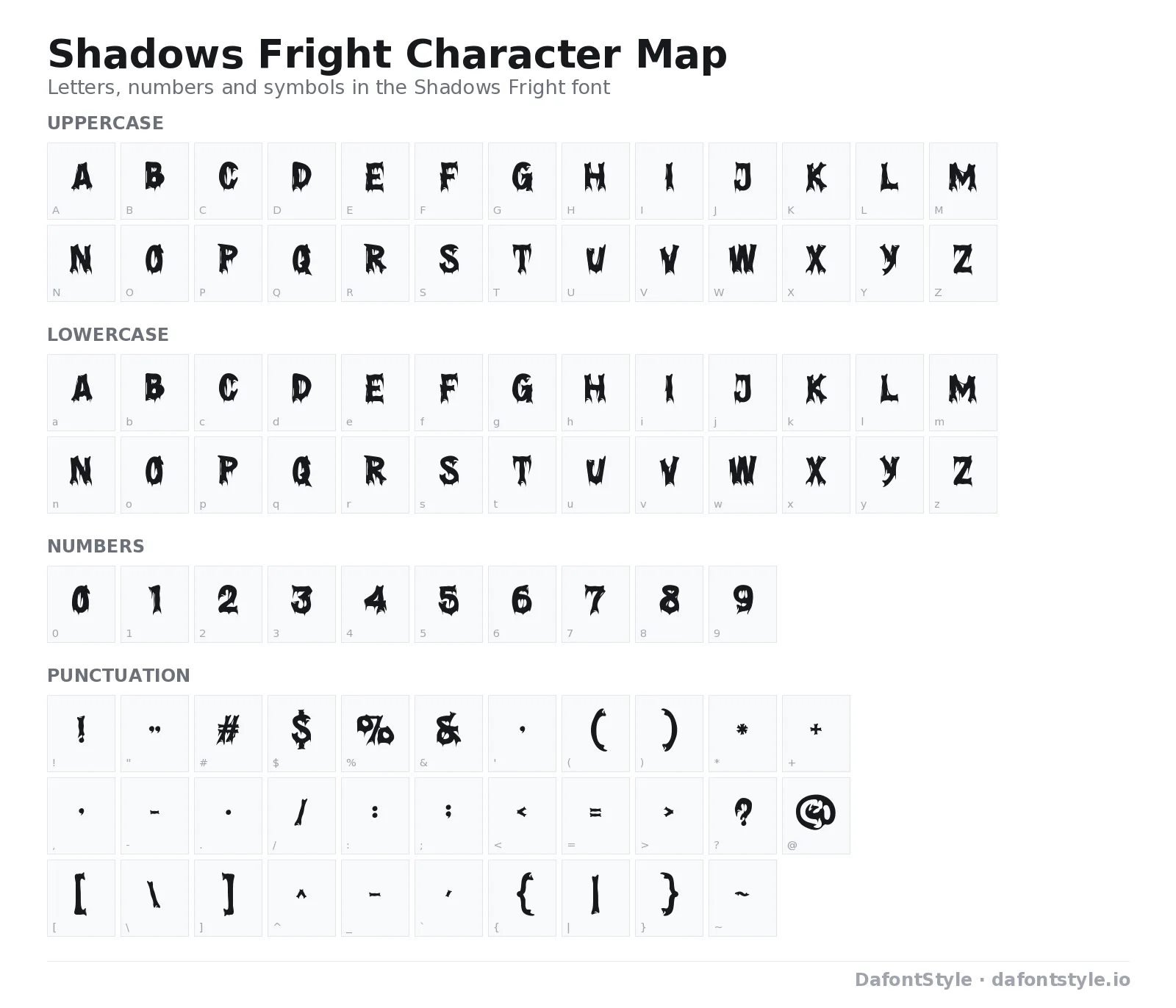 Shadows Fright font character map with uppercase and lowercase letters, numbers and symbols