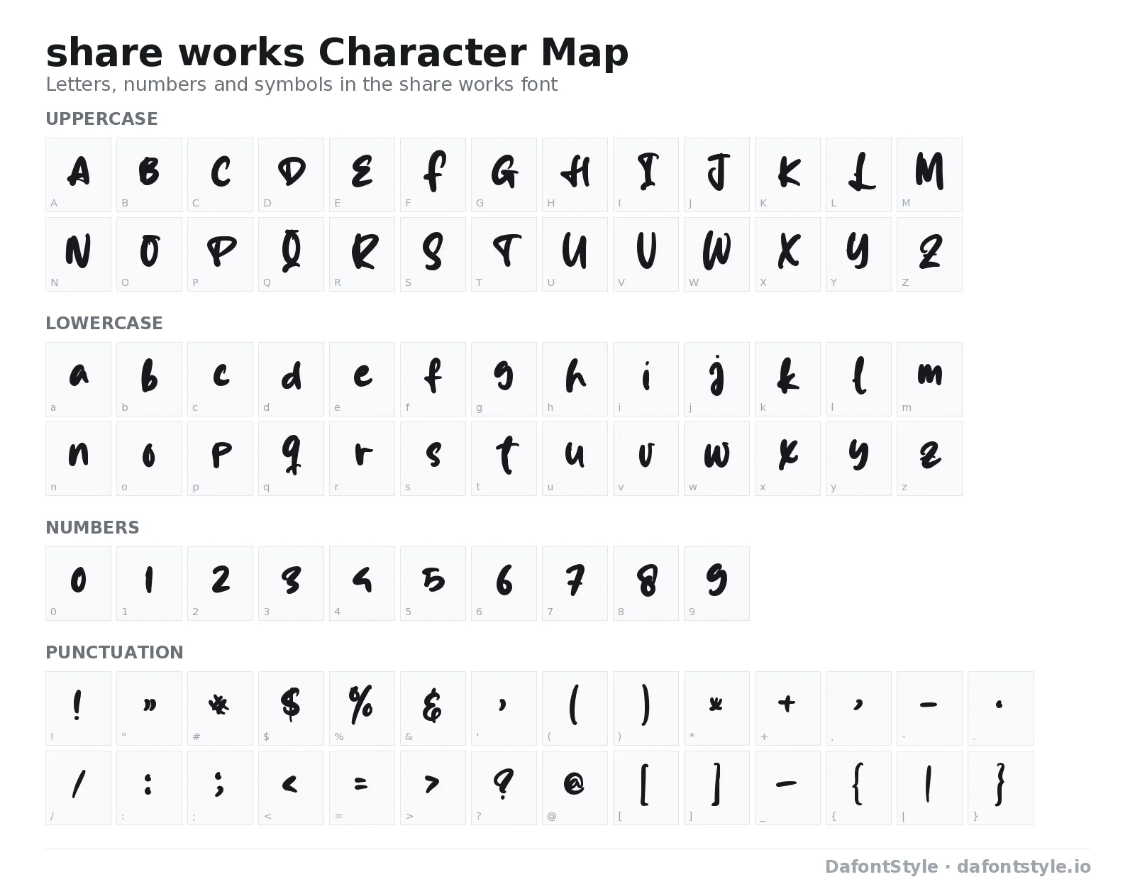 share works font character map with uppercase and lowercase letters, numbers and symbols