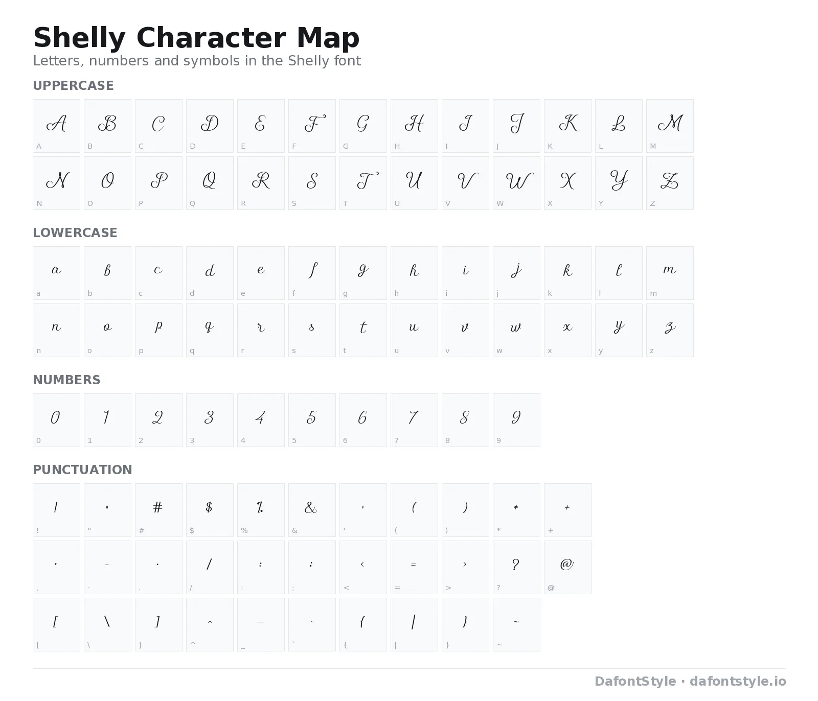 Shelly font character map with uppercase and lowercase letters, numbers and symbols