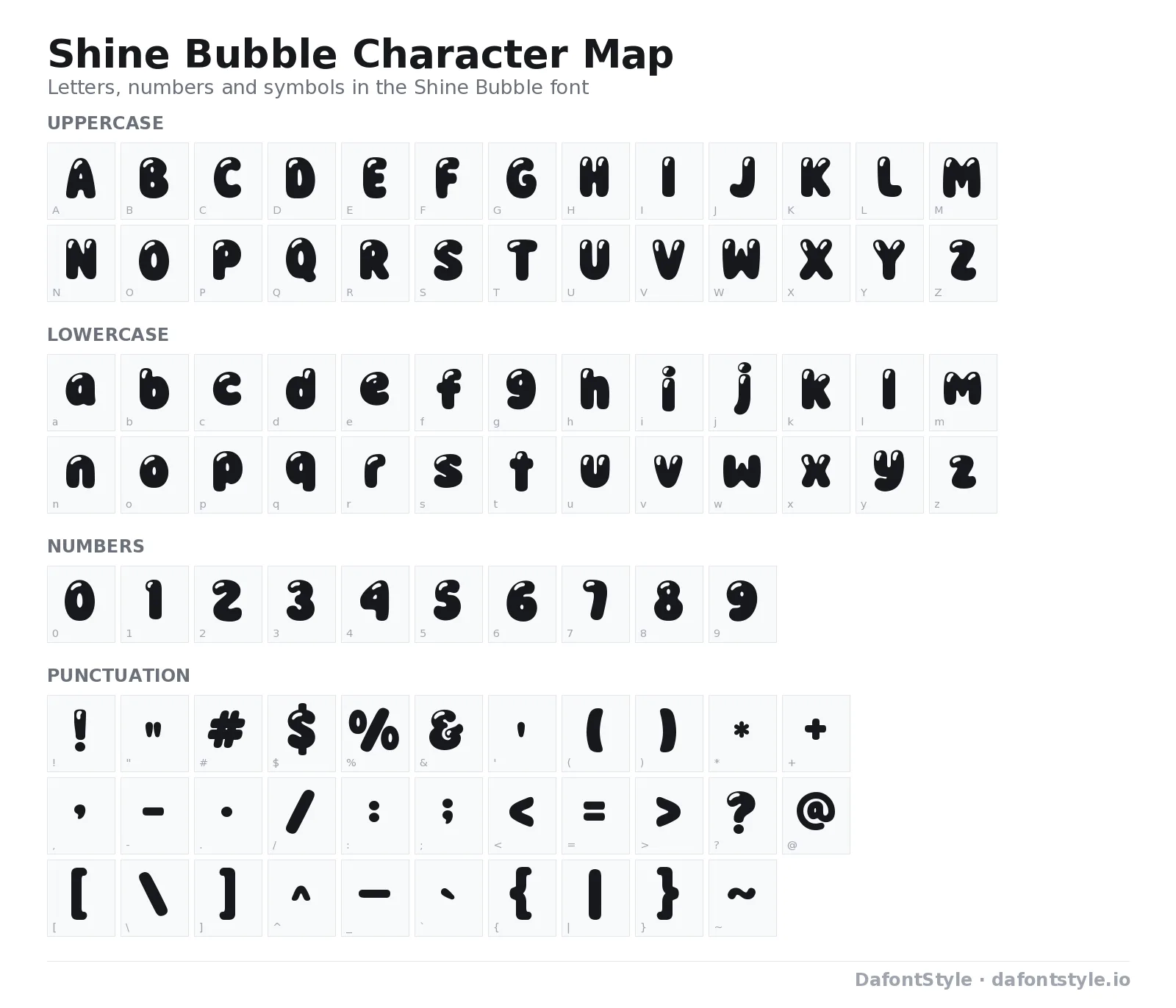 Shine Bubble font character map with uppercase and lowercase letters, numbers and symbols