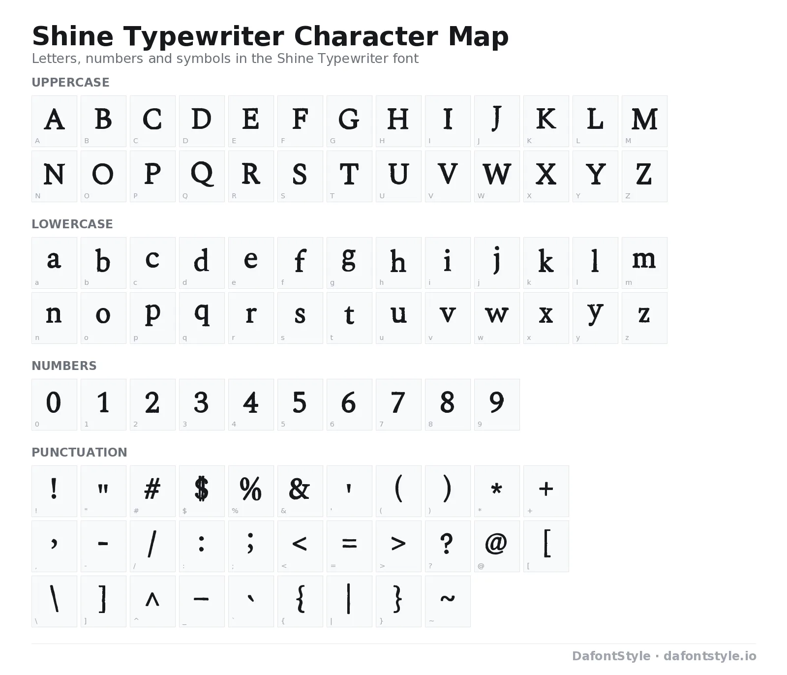 Shine Typewriter font character map with uppercase and lowercase letters, numbers and symbols