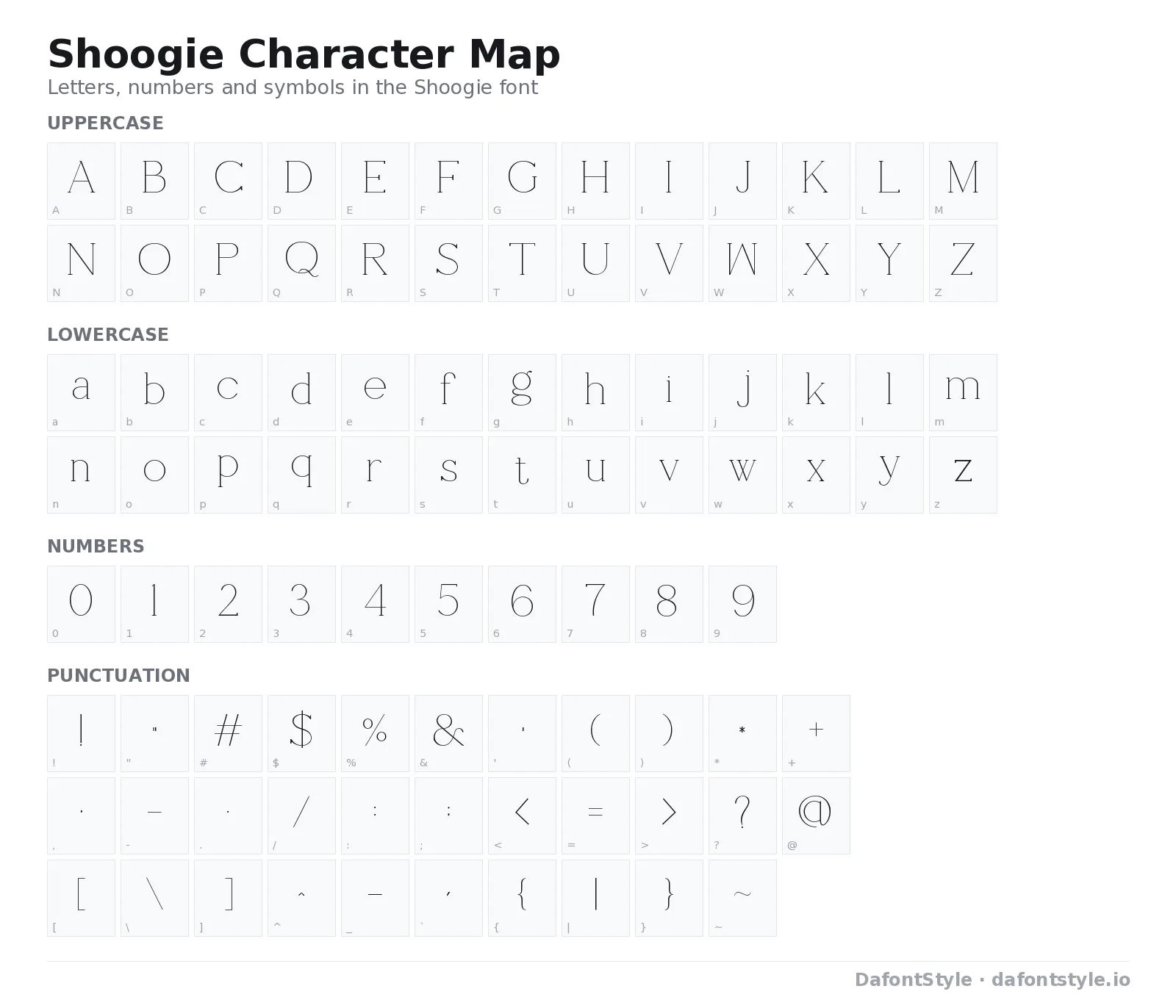 Shoogie font character map with uppercase and lowercase letters, numbers and symbols