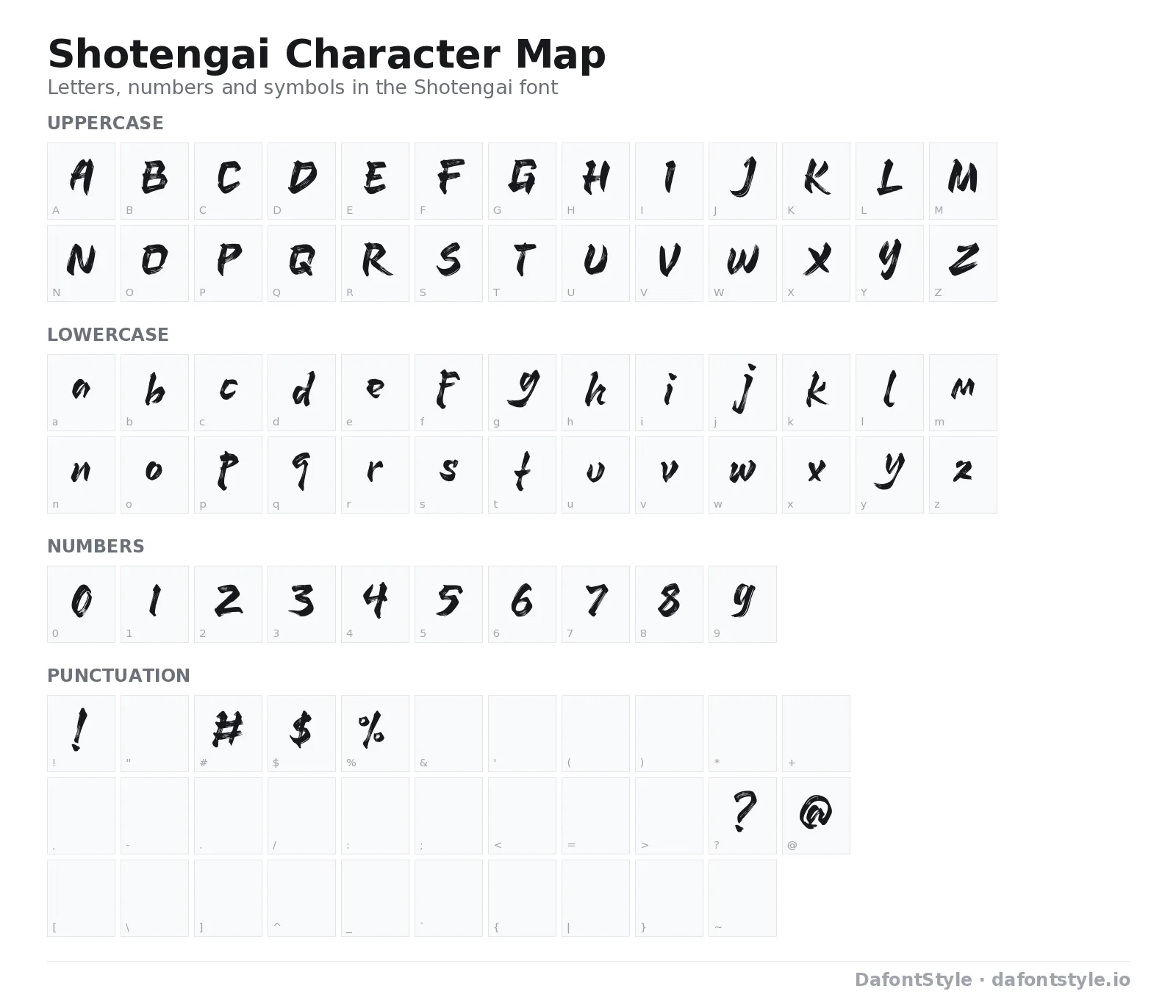 Shotengai font character map with uppercase and lowercase letters, numbers and symbols