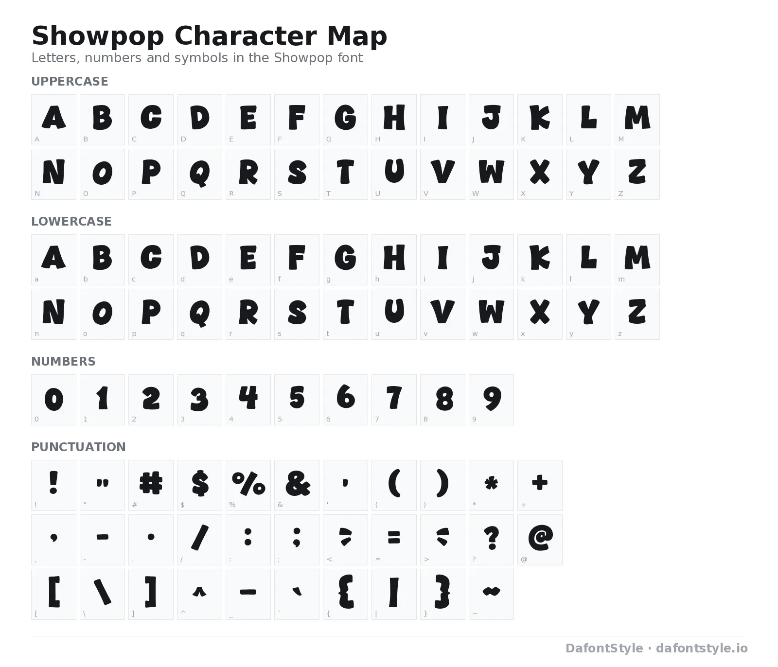 Showpop font character map with uppercase and lowercase letters, numbers and symbols