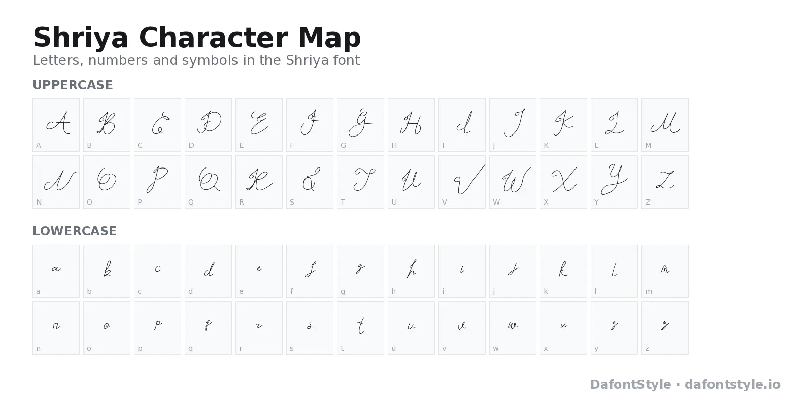Shriya font character map with uppercase and lowercase letters, numbers and symbols