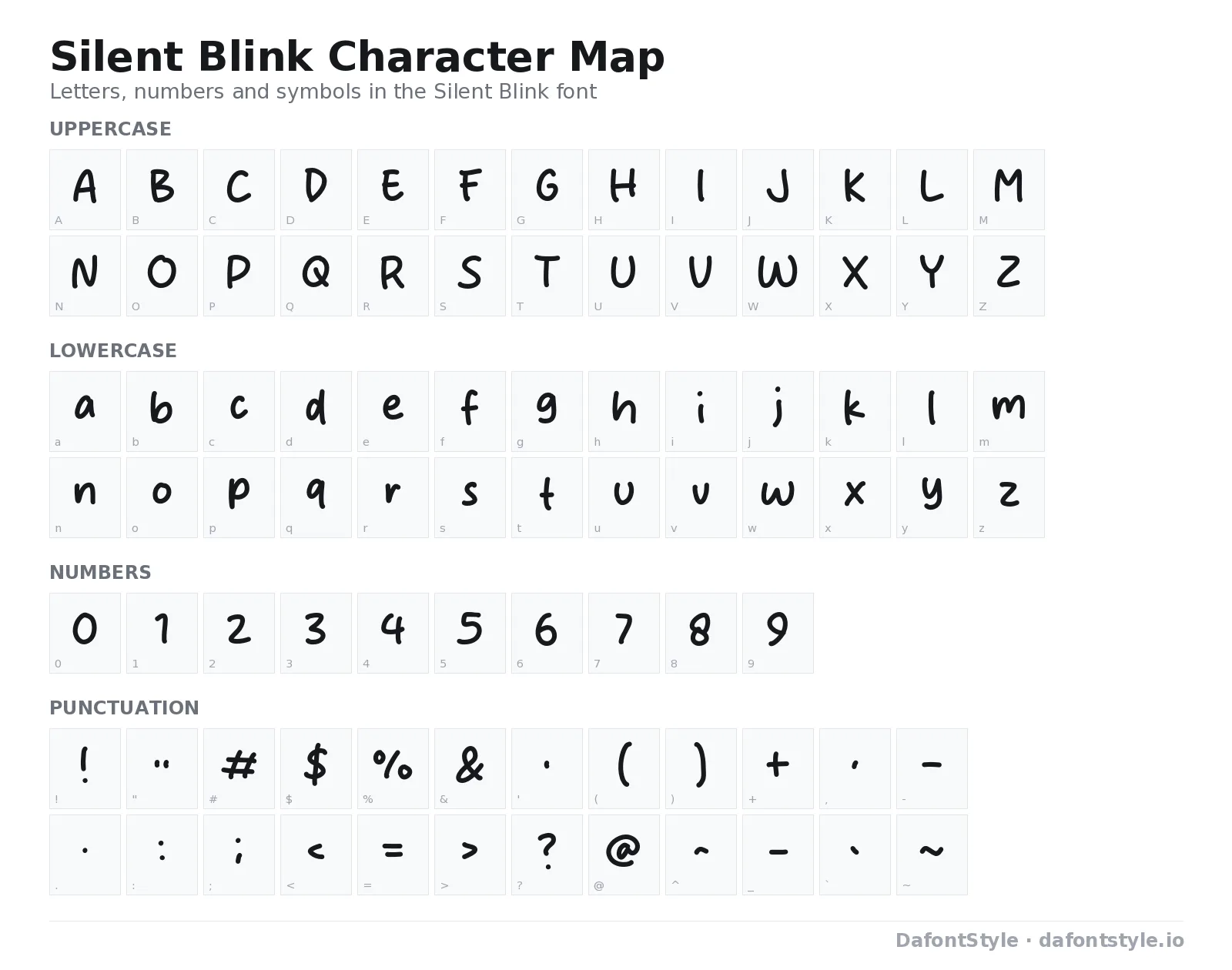 Silent Blink font character map with uppercase and lowercase letters, numbers and symbols