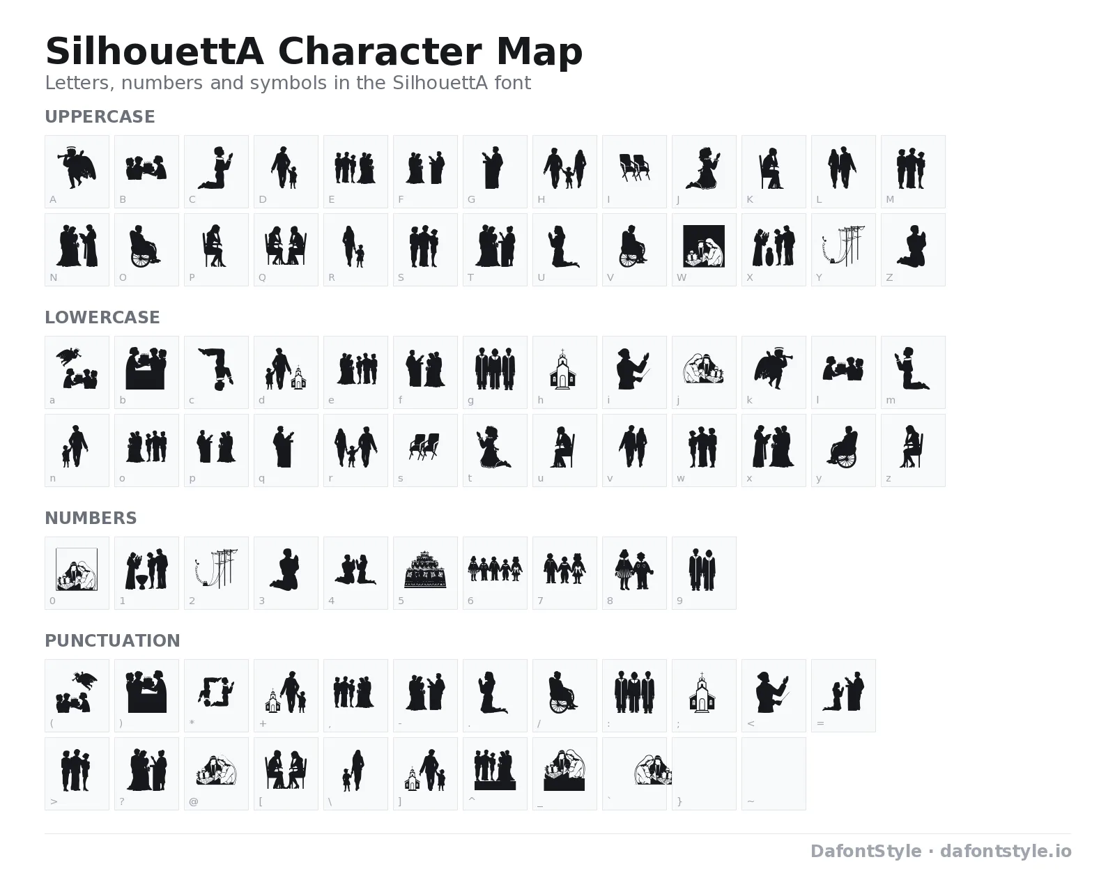 SilhouettA font character map with uppercase and lowercase letters, numbers and symbols