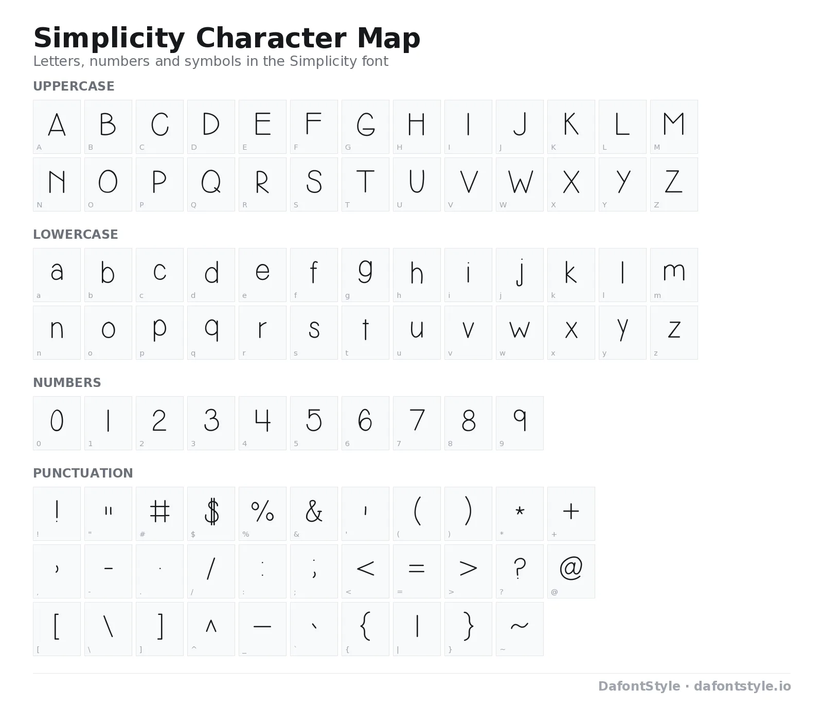 Simplicity font character map with uppercase and lowercase letters, numbers and symbols