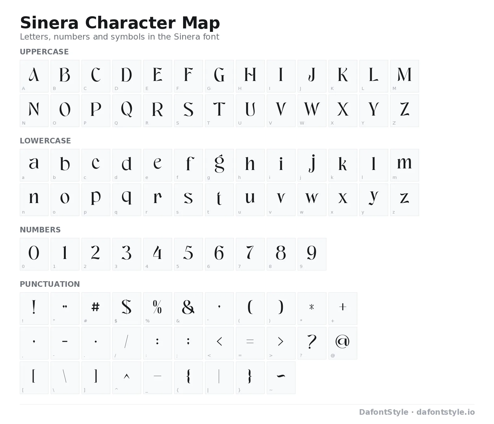 Sinera font character map with uppercase and lowercase letters, numbers and symbols