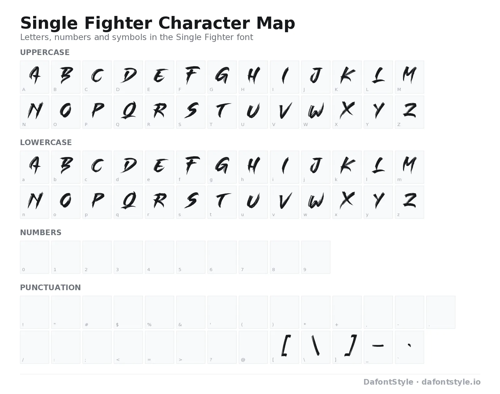 Single Fighter font character map with uppercase and lowercase letters, numbers and symbols
