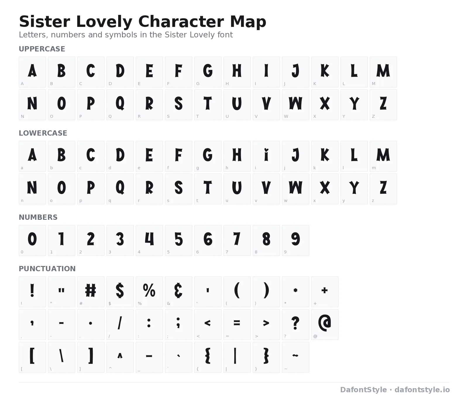 Sister Lovely font character map with uppercase and lowercase letters, numbers and symbols