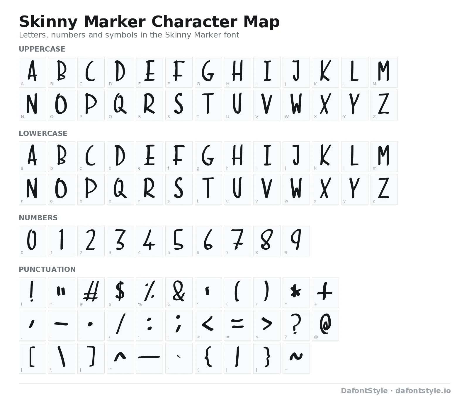 Skinny Marker font character map with uppercase and lowercase letters, numbers and symbols