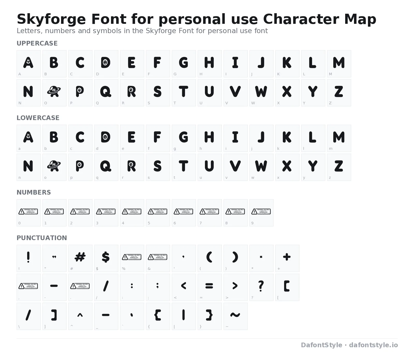 Skyforge Font for personal use font character map with uppercase and lowercase letters, numbers and symbols