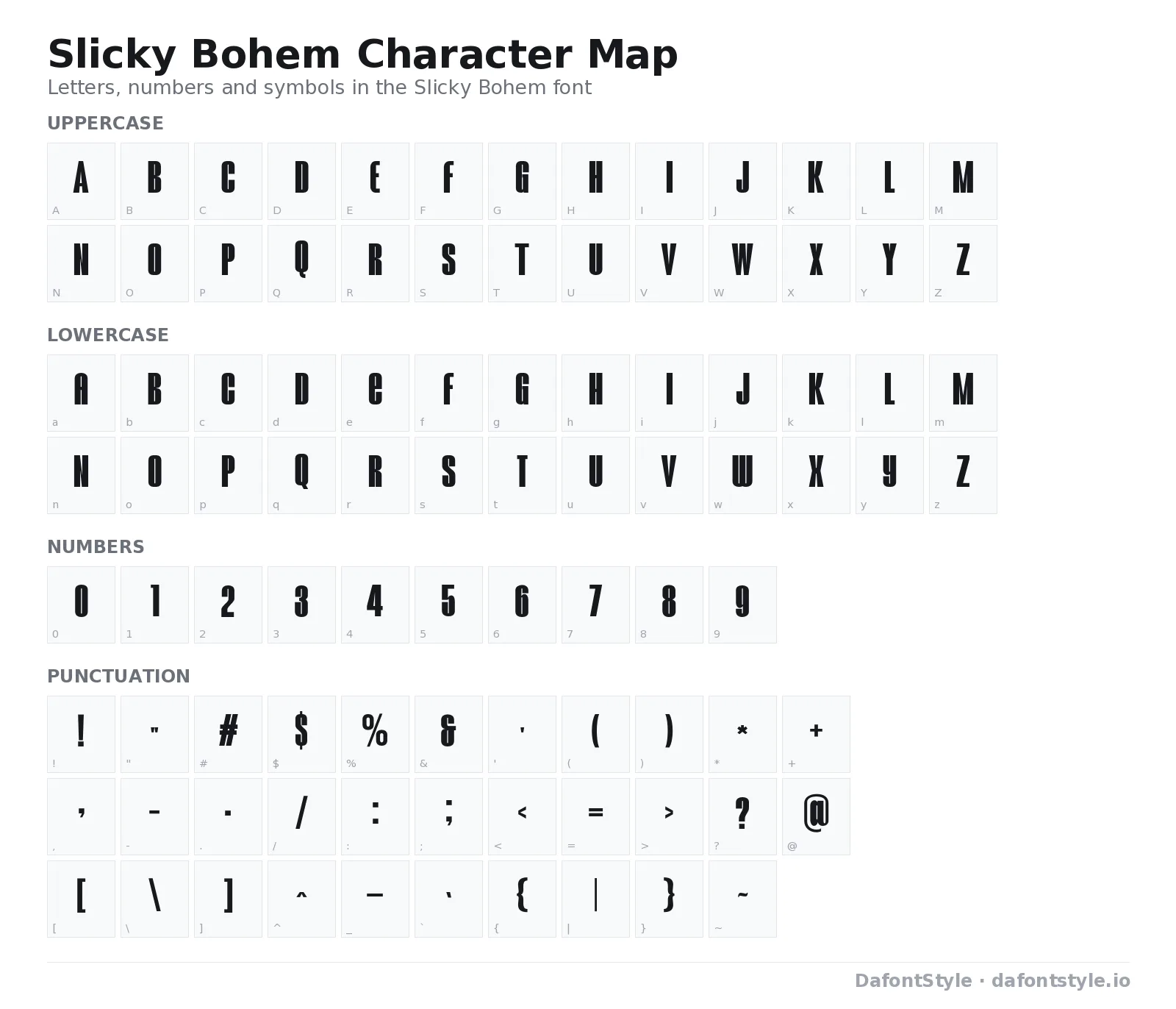 Slicky Bohem font character map with uppercase and lowercase letters, numbers and symbols