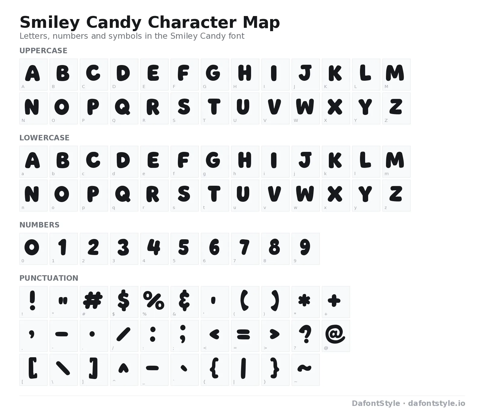 Smiley Candy font character map with uppercase and lowercase letters, numbers and symbols