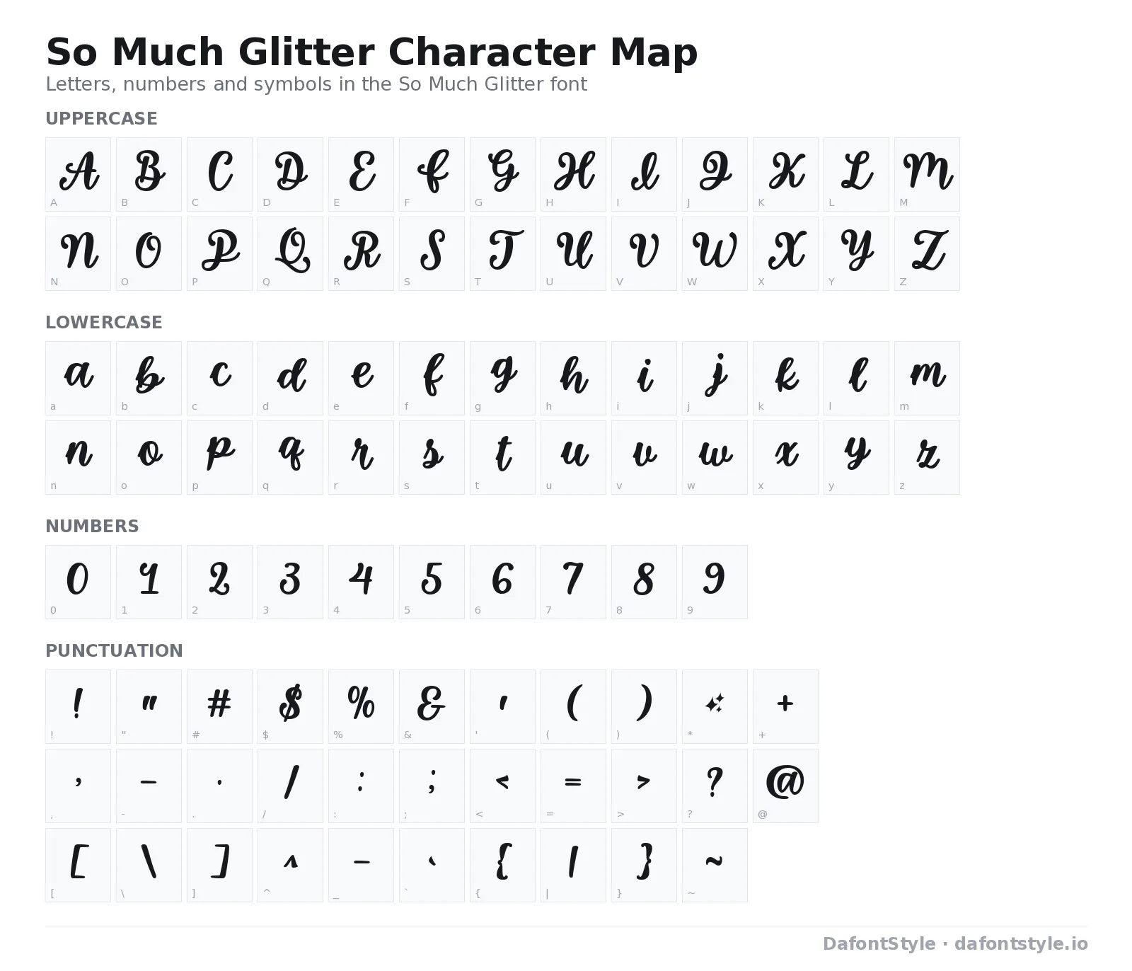 So Much Glitter font character map with uppercase and lowercase letters, numbers and symbols