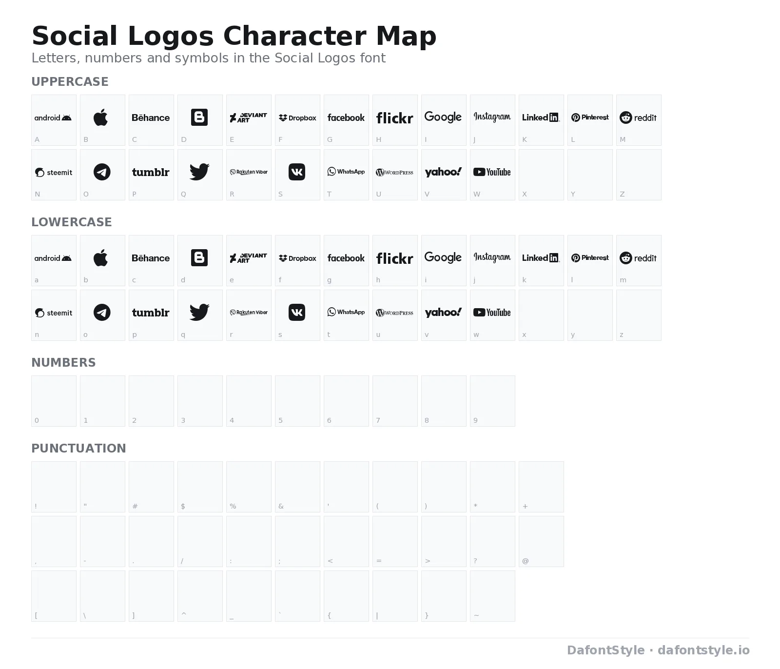 Social Logos font character map with uppercase and lowercase letters, numbers and symbols