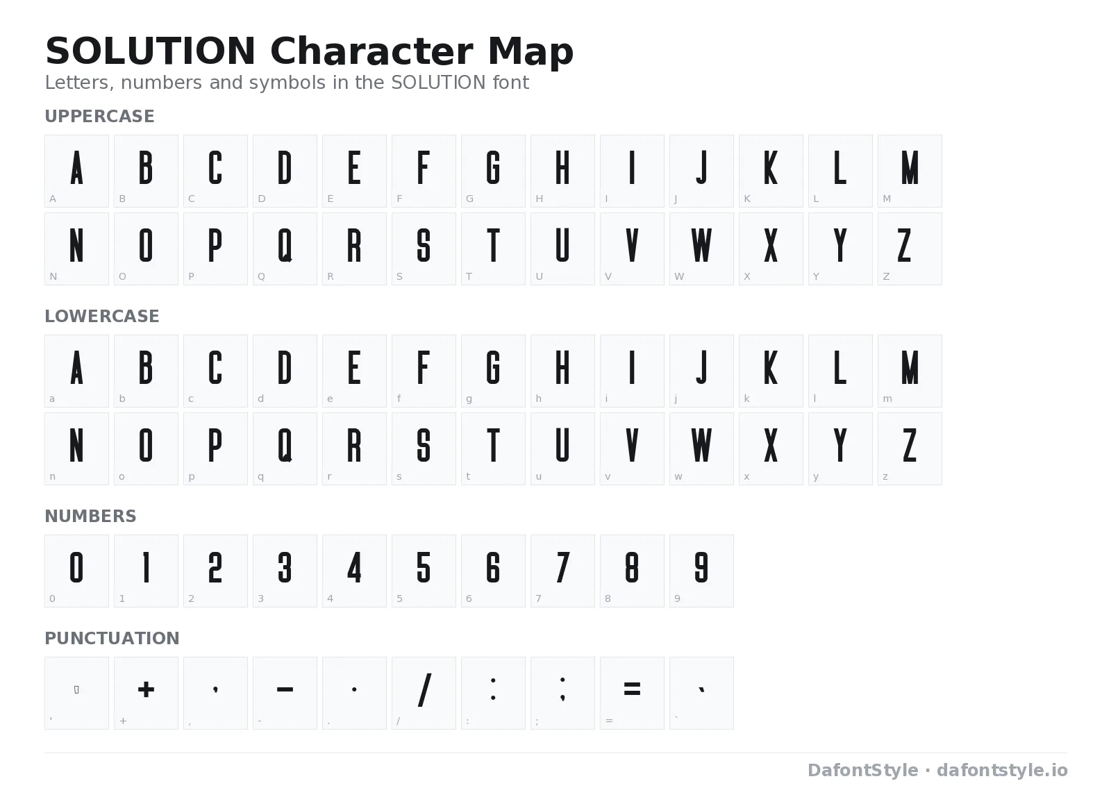 SOLUTION font character map with uppercase and lowercase letters, numbers and symbols