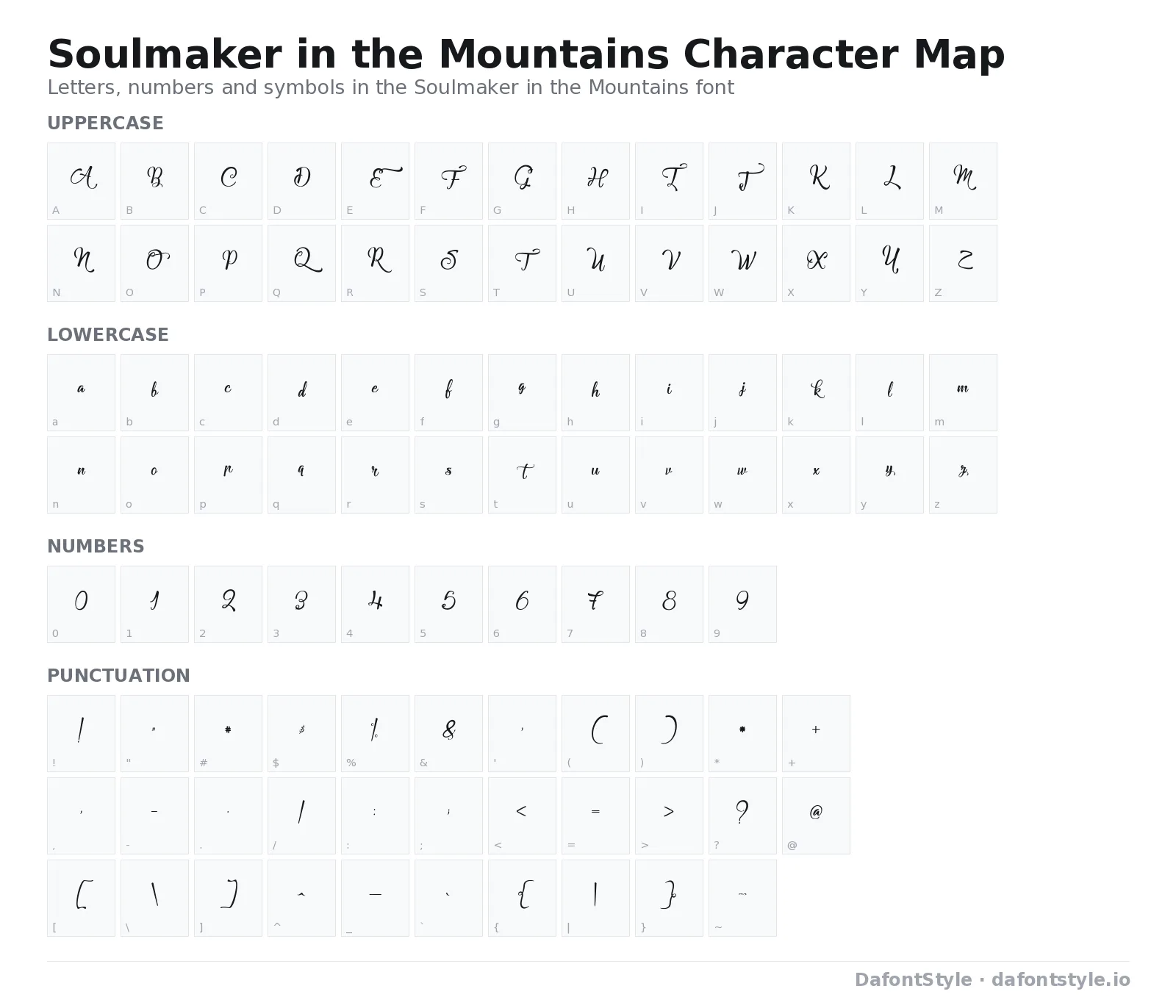 Soulmaker in the Mountains font character map with uppercase and lowercase letters, numbers and symbols