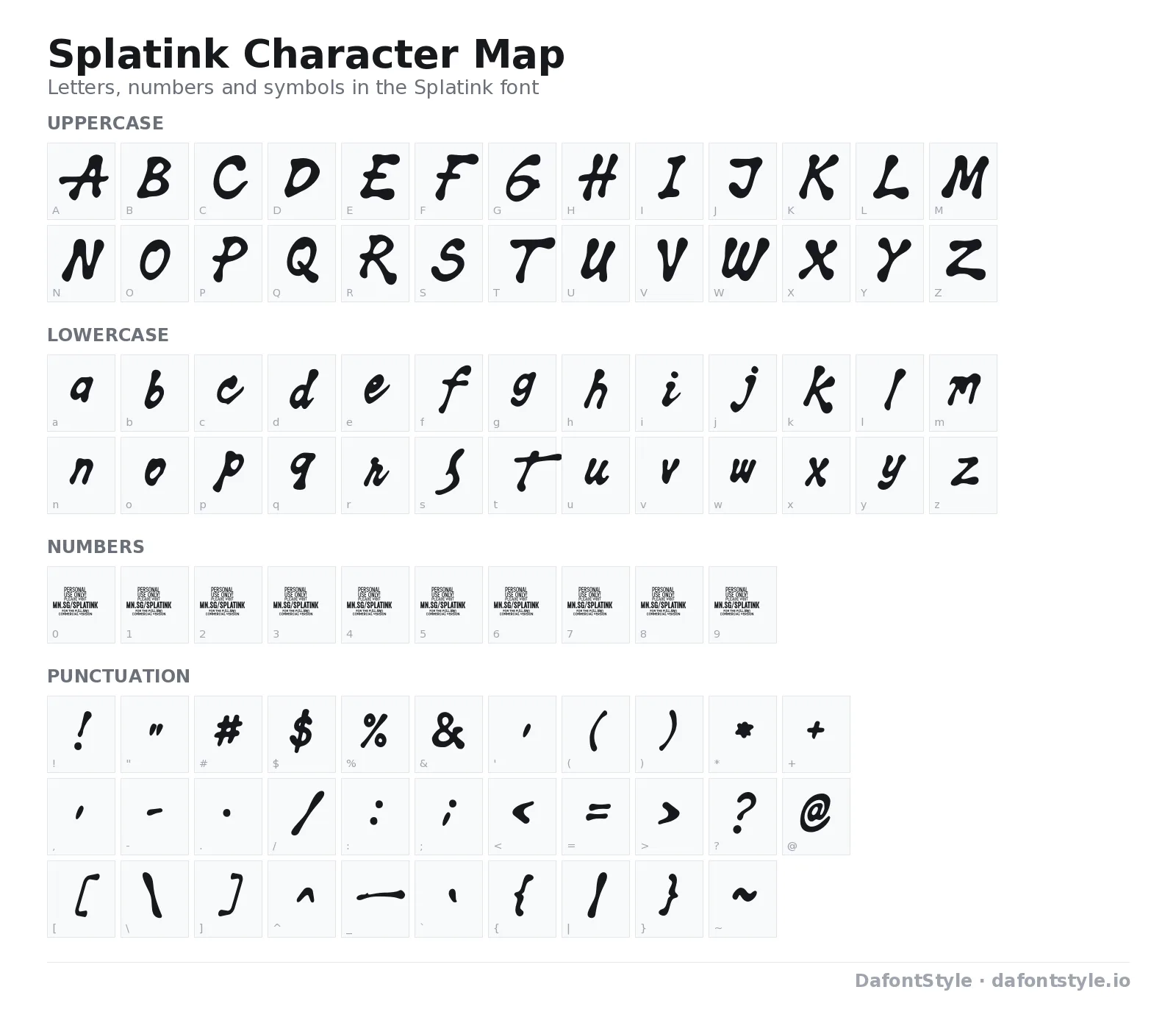 Splatink font character map with uppercase and lowercase letters, numbers and symbols